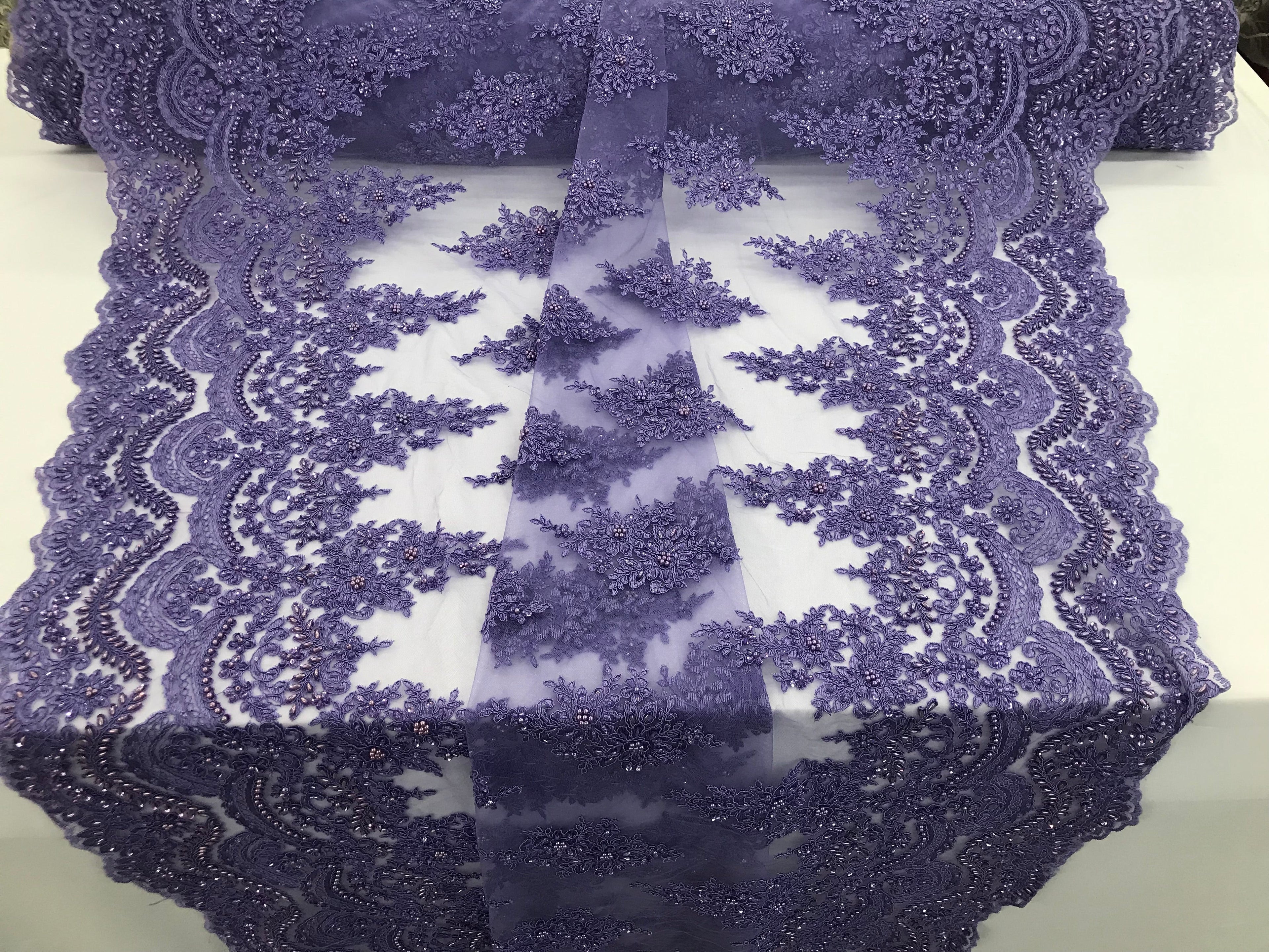 Lilac - Hand Beaded Embroidered Flower Pattern Bridal Wedding Lace Fabric Sold by The Yard