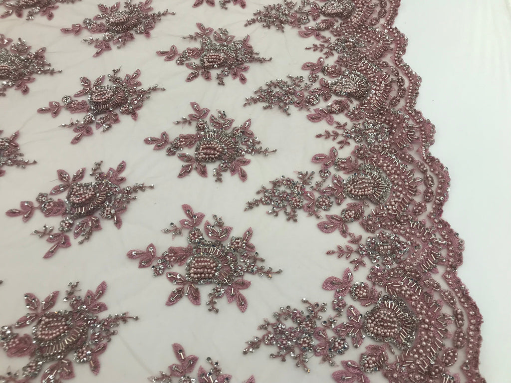 Pink and Silver Hand Beaded Embroidered Floral Fabric Lace Bridal Wedding Designs By The Yard