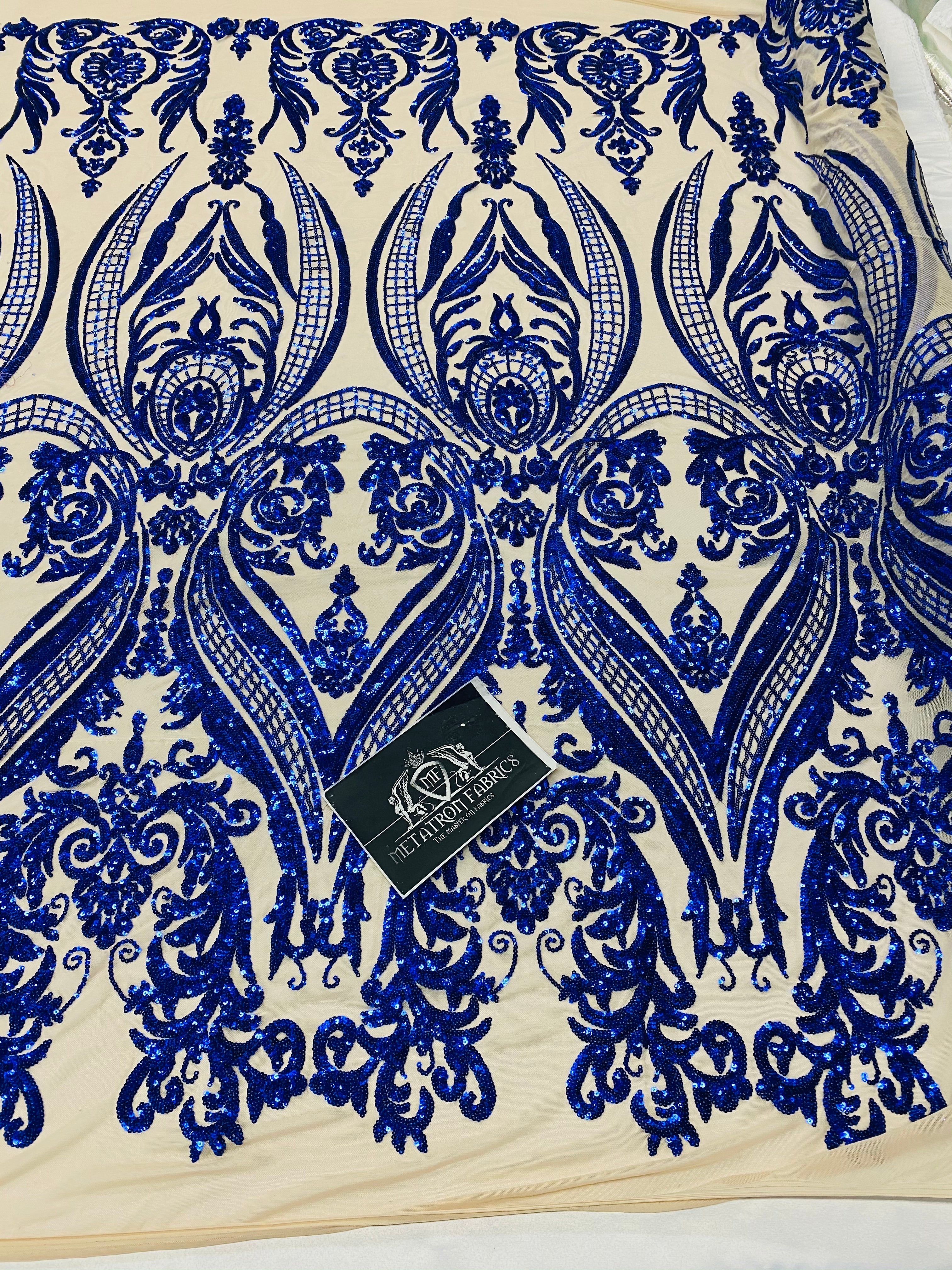 4 Way Stretch Fabric - Royal Blue - Fancy Pattern Design Sequins Fashion Fabric Mesh By Yard