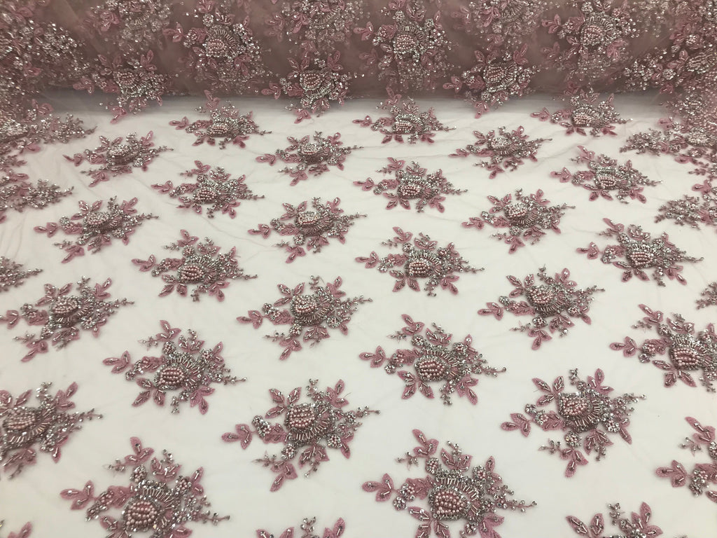 Pink and Silver Hand Beaded Embroidered Floral Fabric Lace Bridal Wedding Designs By The Yard