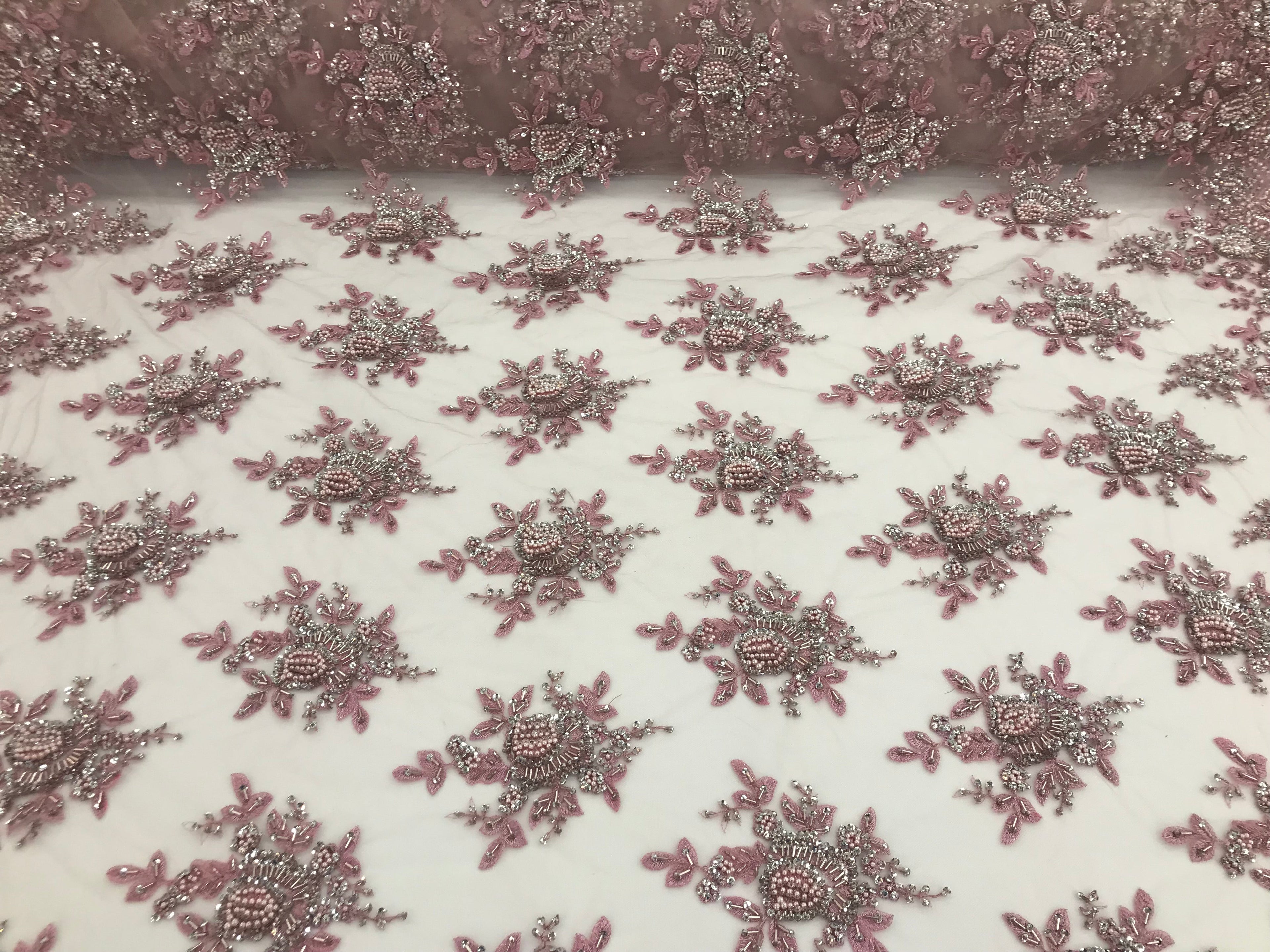 Pink and Silver Hand Beaded Embroidered Floral Fabric Lace Bridal Wedding Designs By The Yard
