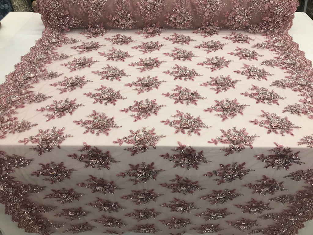 Pink and Silver Hand Beaded Embroidered Floral Fabric Lace Bridal Wedding Designs By The Yard