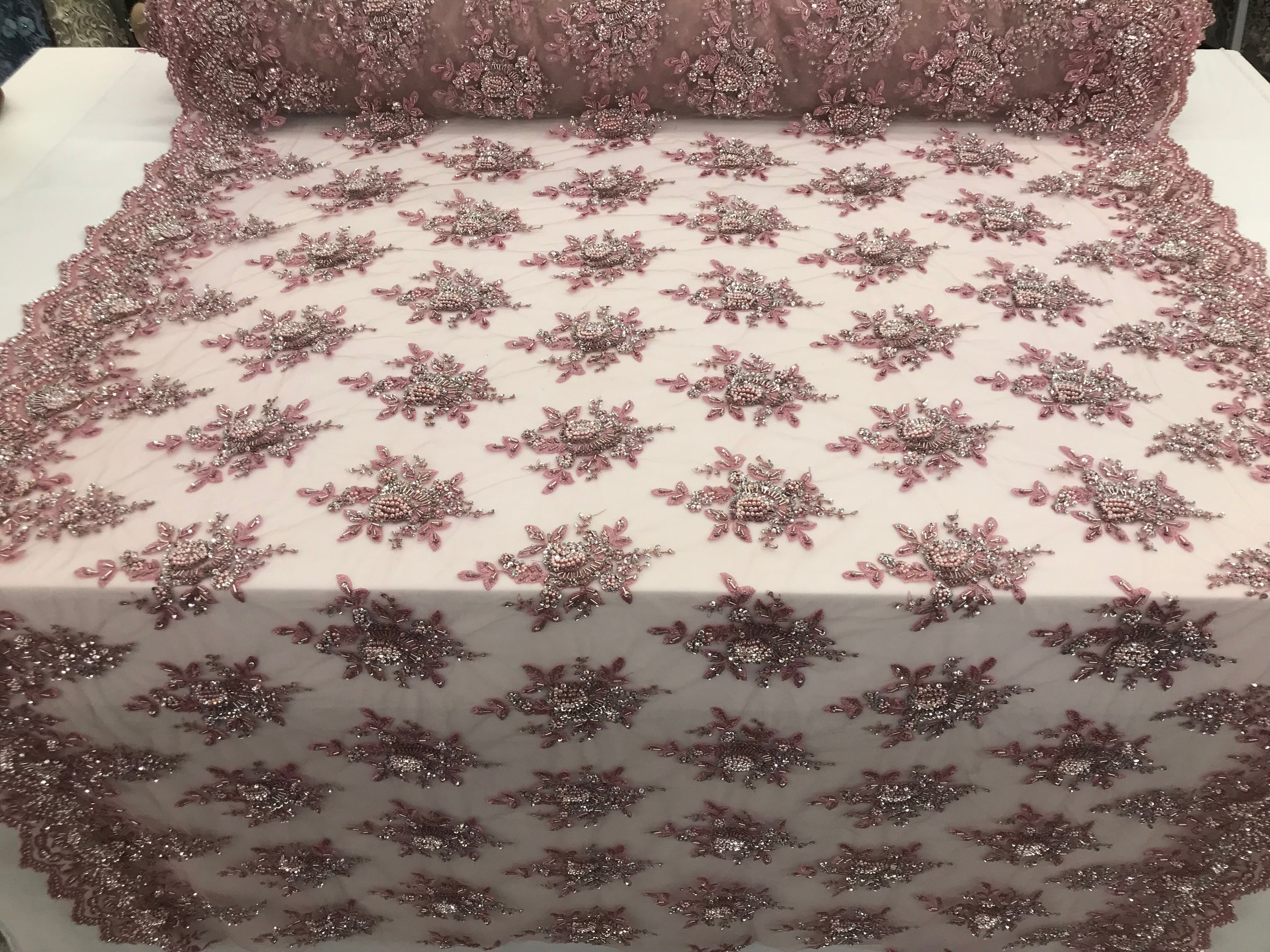 Pink and Silver Hand Beaded Embroidered Floral Fabric Lace Bridal Wedding Designs By The Yard