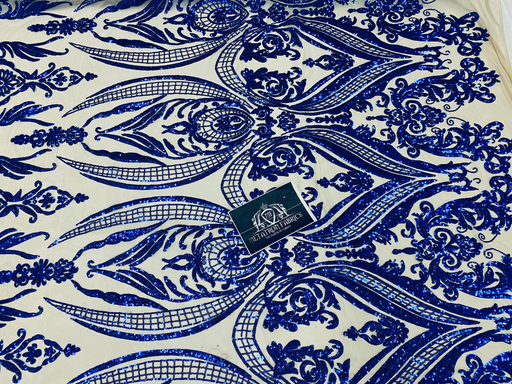 4 Way Stretch Fabric - Royal Blue - Fancy Pattern Design Sequins Fashion Fabric Mesh By Yard