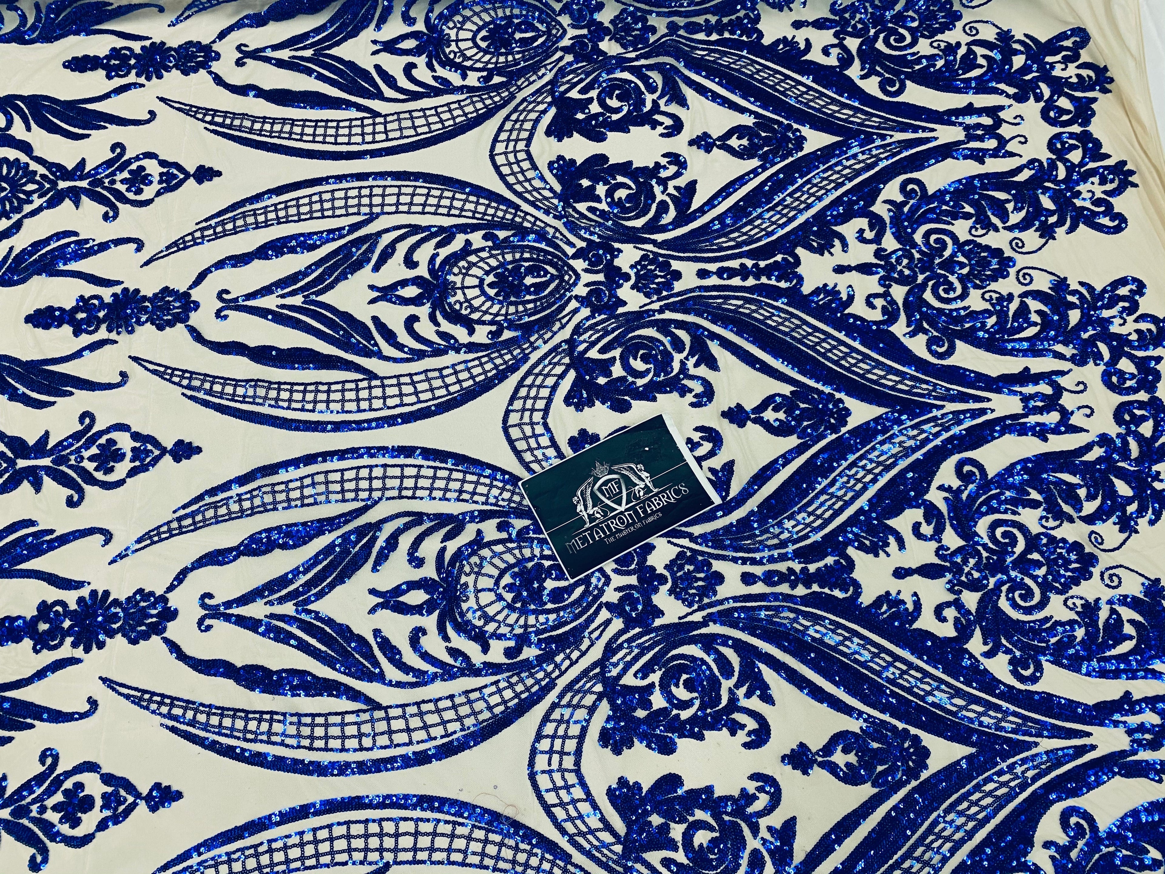4 Way Stretch Fabric - Royal Blue - Fancy Pattern Design Sequins Fashion Fabric Mesh By Yard