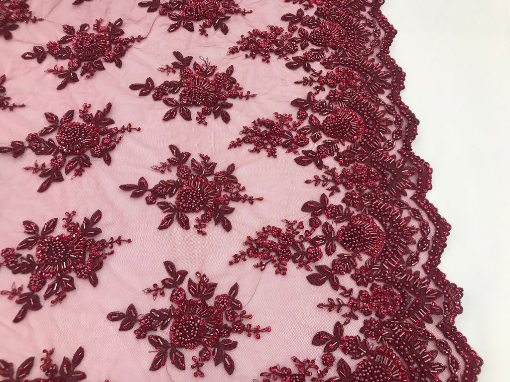 Burgundy Hand Beaded Embroidered Floral Fabric Lace Bridal Wedding Designs By The Yard