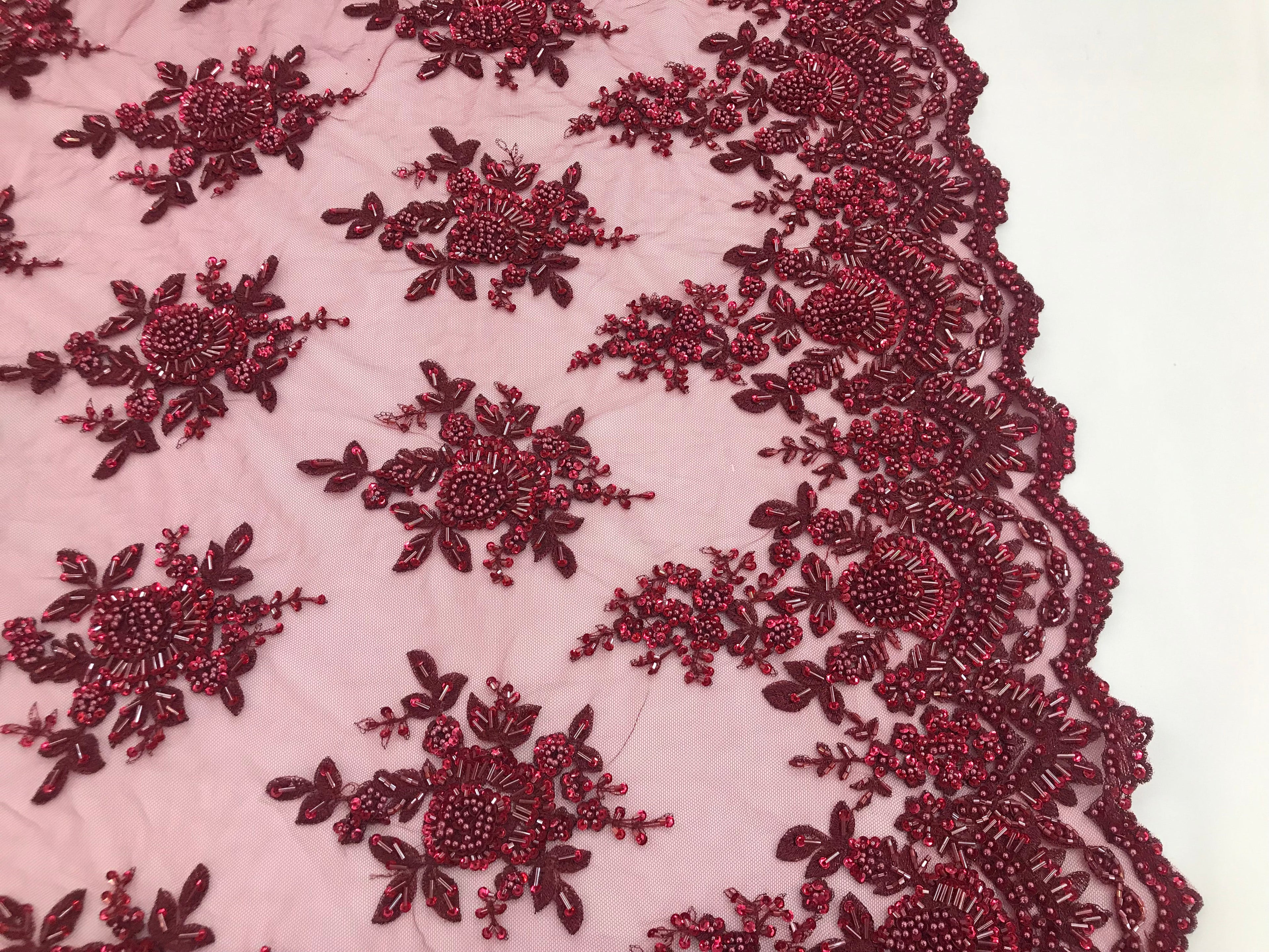 Burgundy Hand Beaded Embroidered Floral Fabric Lace Bridal Wedding Designs By The Yard