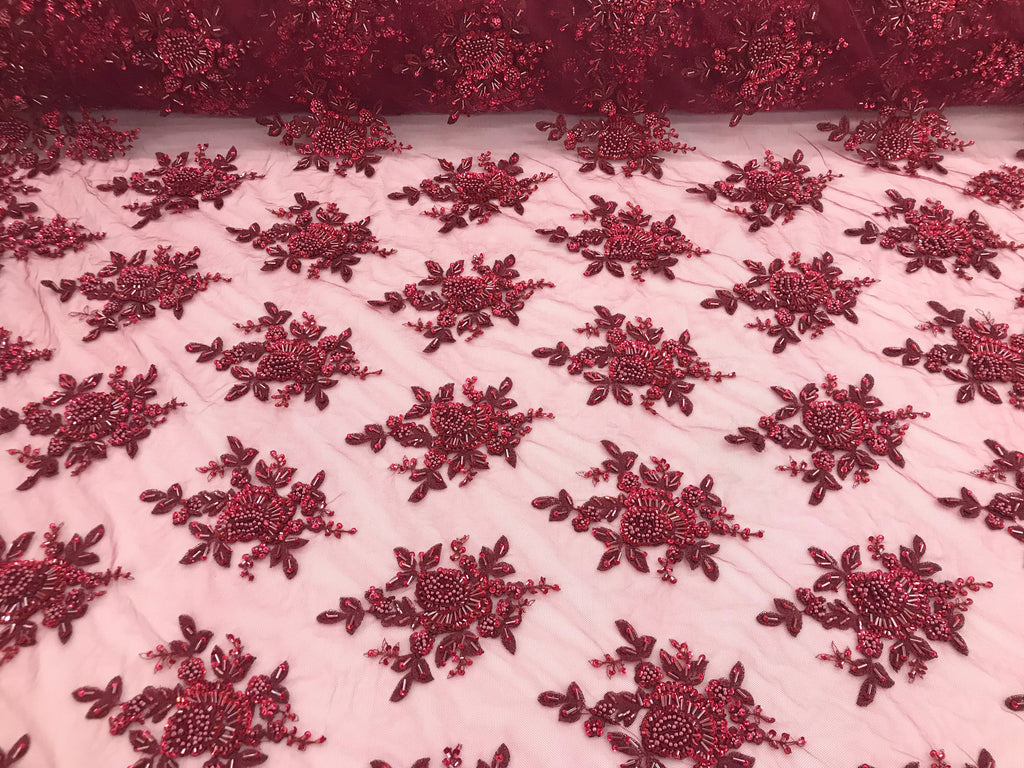 Burgundy Hand Beaded Embroidered Floral Fabric Lace Bridal Wedding Designs By The Yard