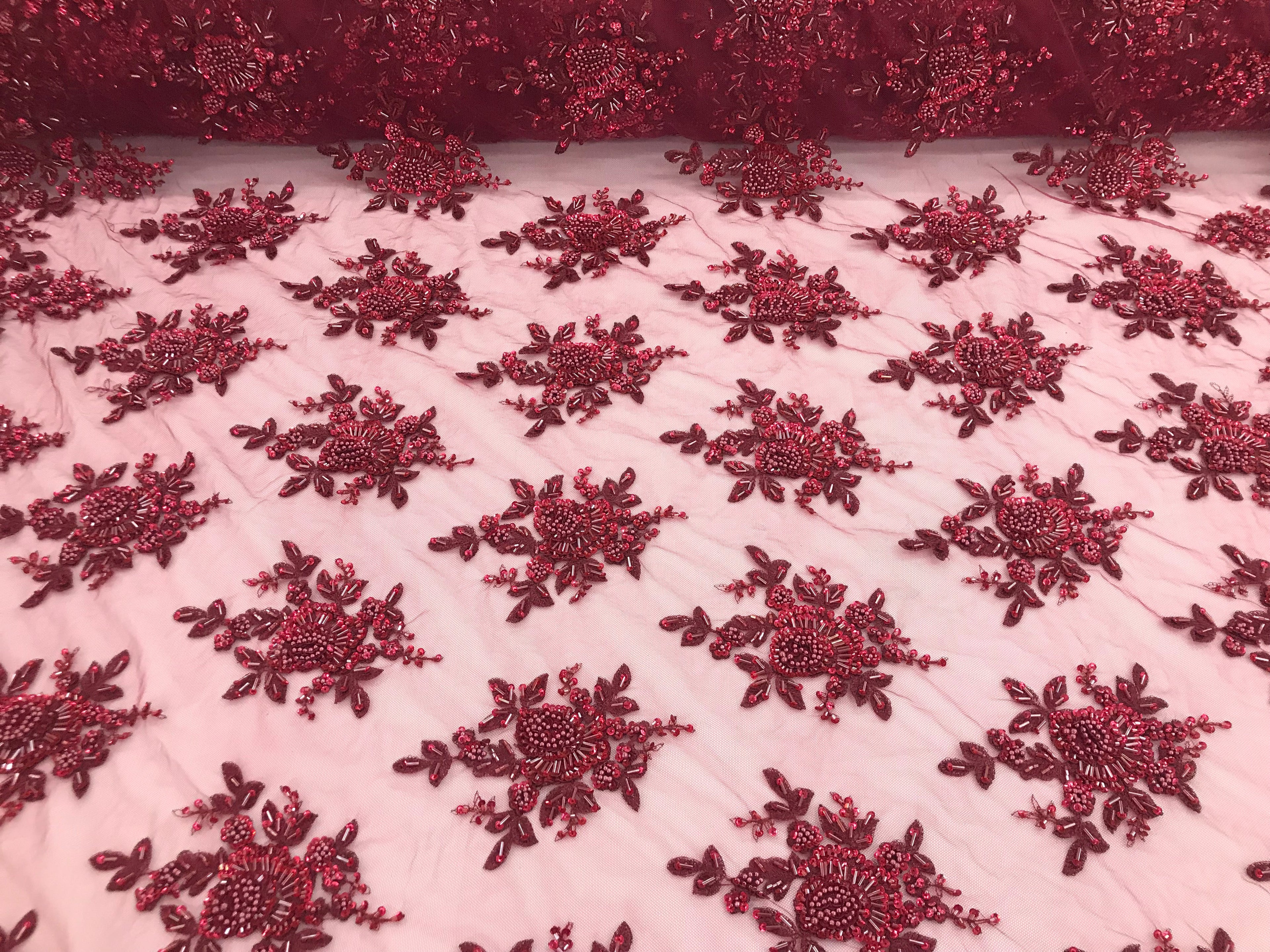 Burgundy Hand Beaded Embroidered Floral Fabric Lace Bridal Wedding Designs By The Yard