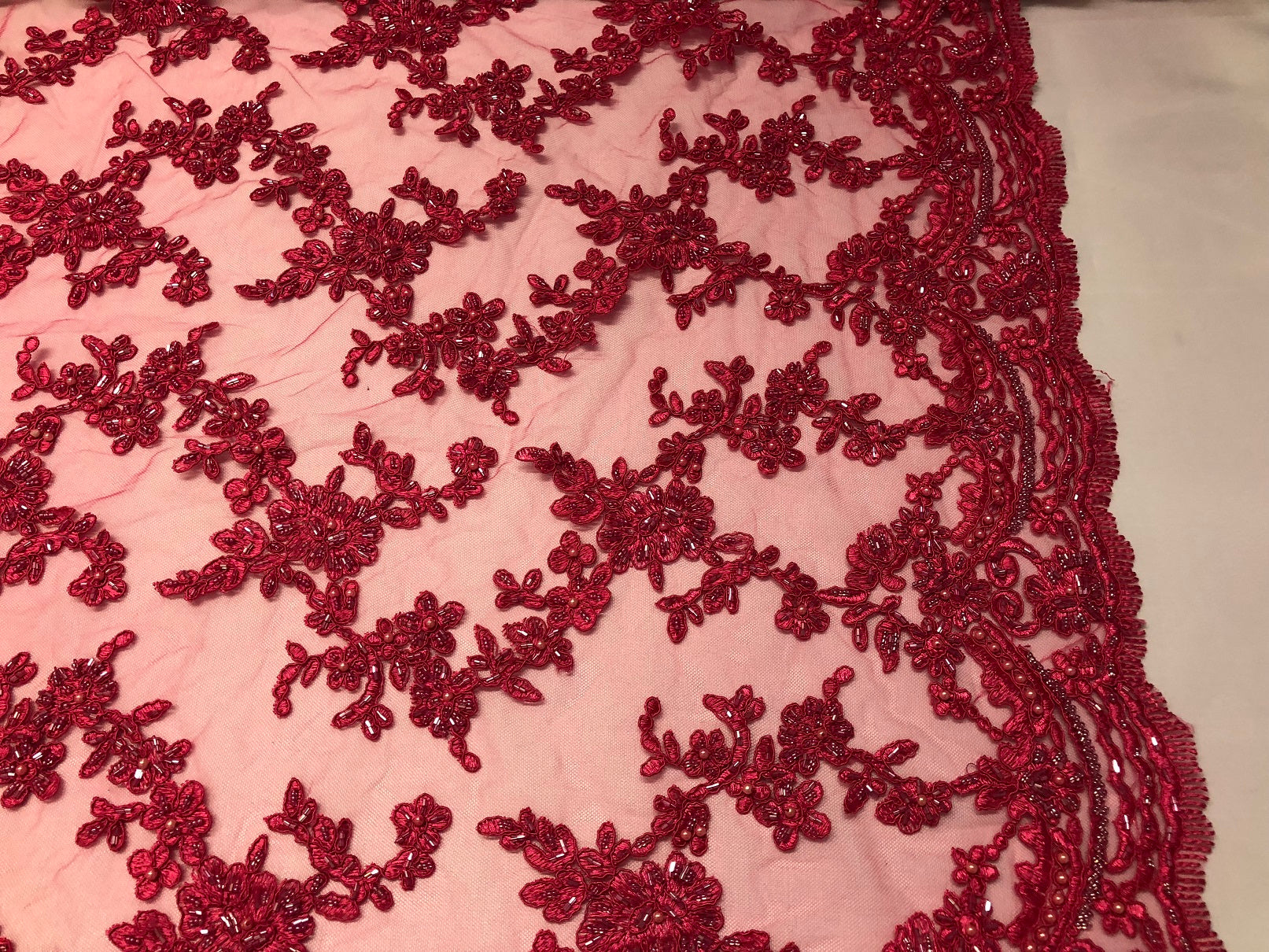 Beaded - Fuschia  - Embroided Small Flower Fabric with Decorated Borders - Sold by The Yard
