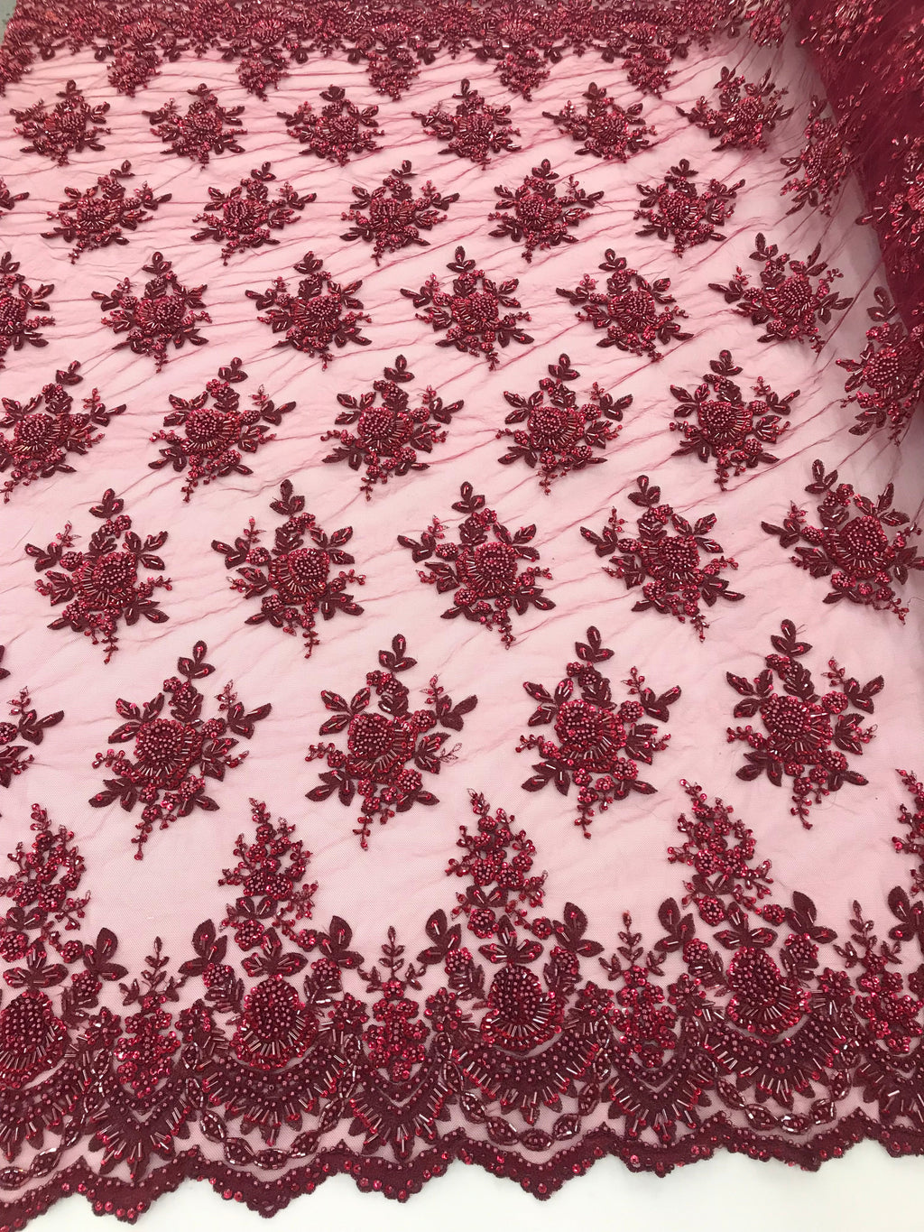 Burgundy Hand Beaded Embroidered Floral Fabric Lace Bridal Wedding Designs By The Yard