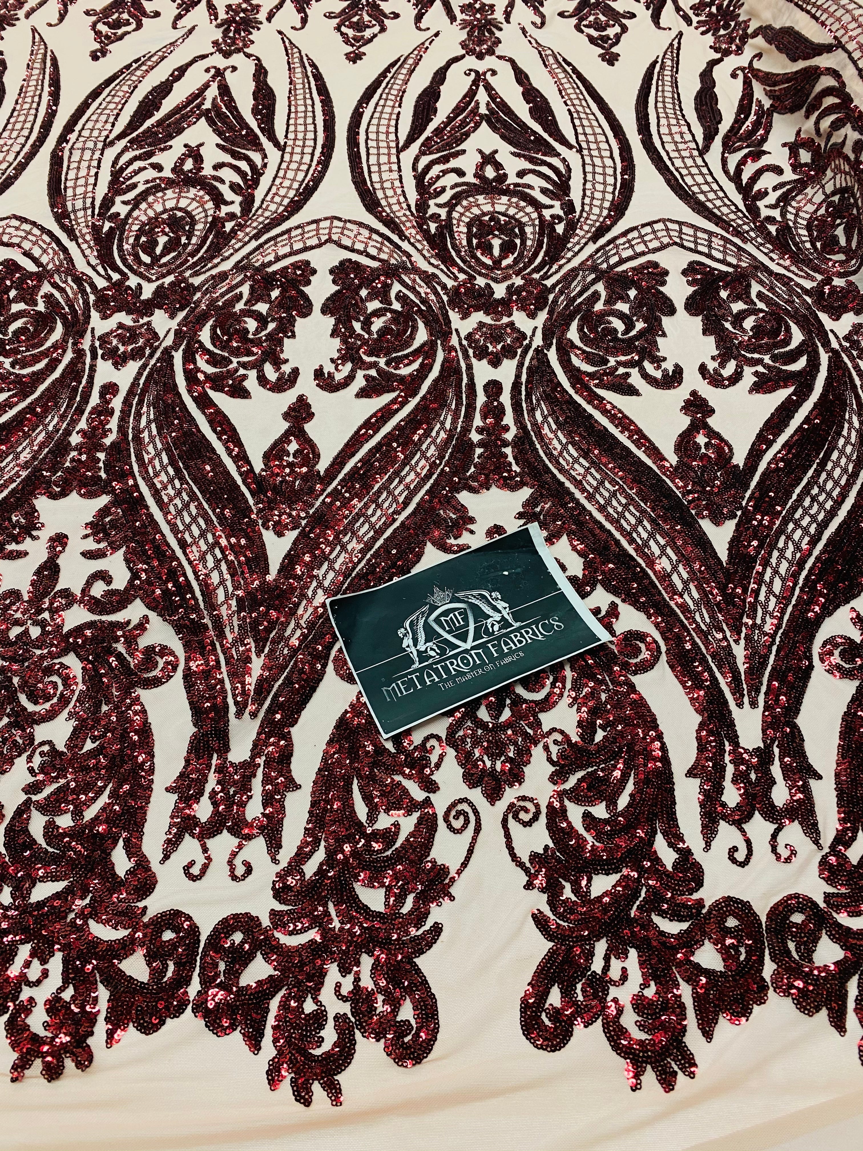 4 Way Stretch Fabric - Burgundy - Fancy Pattern Design Sequins Fashion Fabric Mesh By Yard