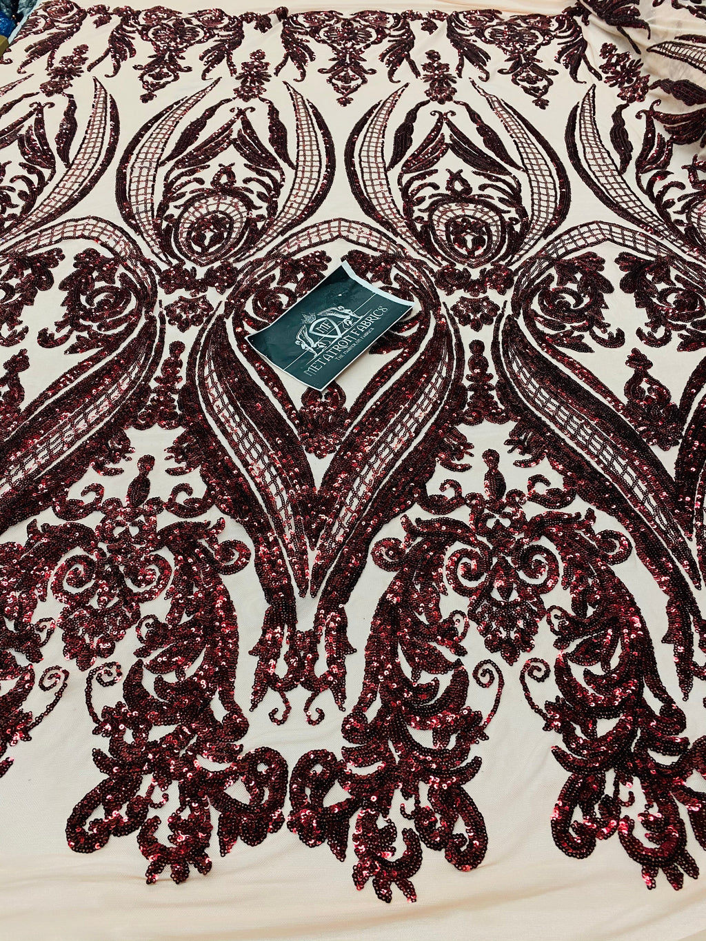 4 Way Stretch Fabric - Burgundy - Fancy Pattern Design Sequins Fashion Fabric Mesh By Yard