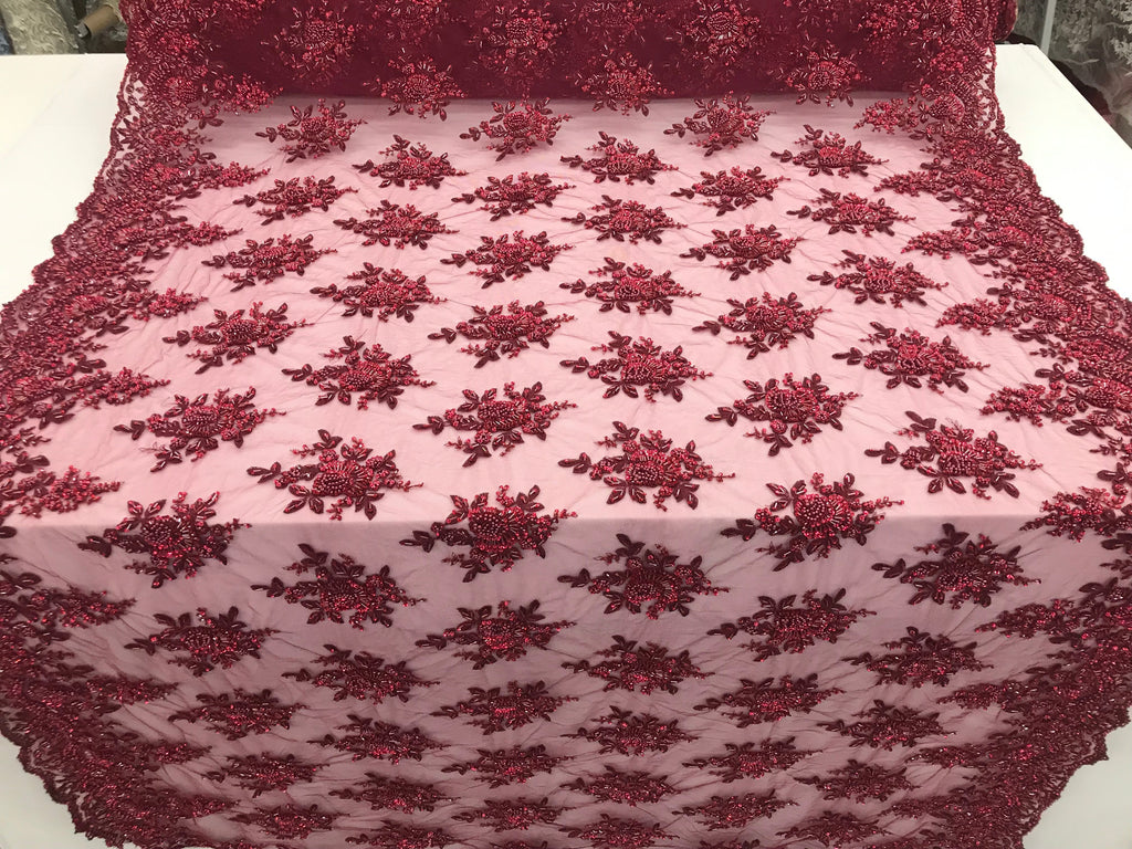 Burgundy Hand Beaded Embroidered Floral Fabric Lace Bridal Wedding Designs By The Yard