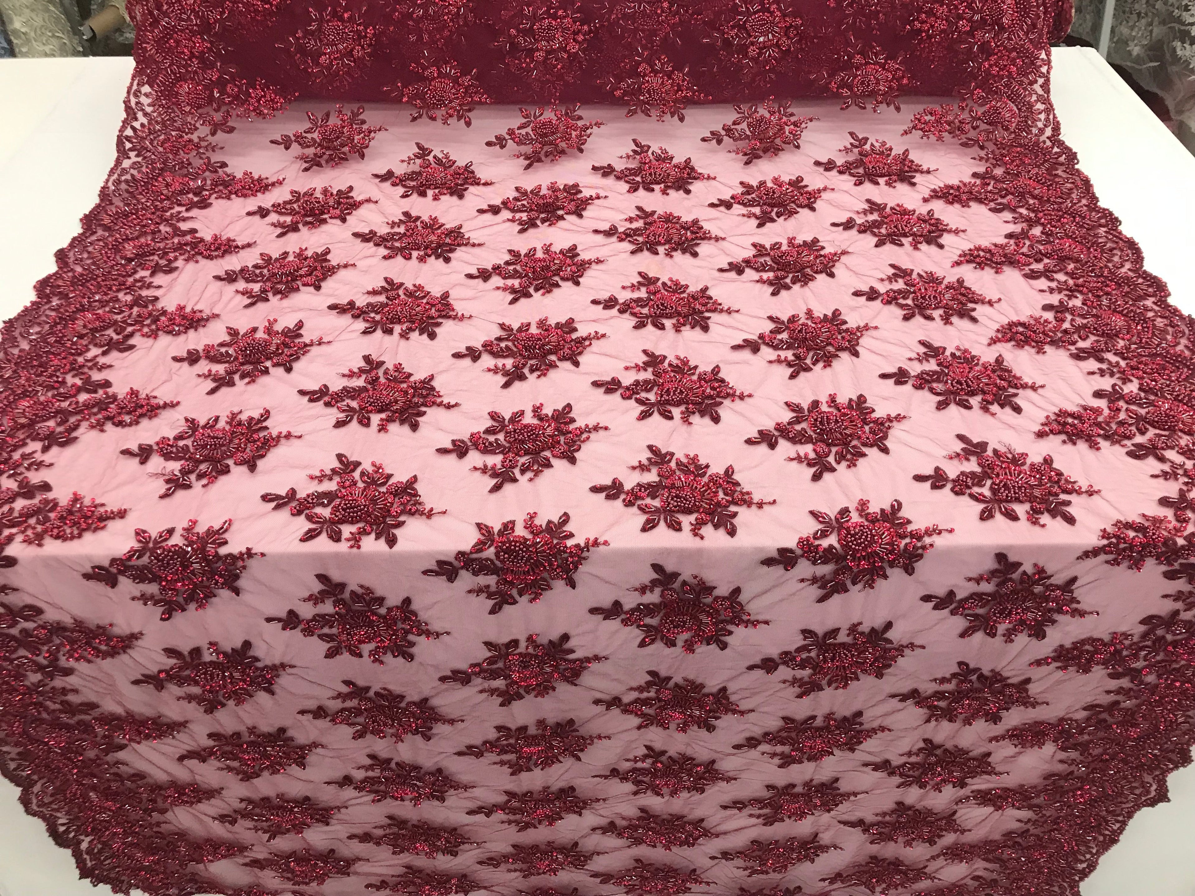 Burgundy Hand Beaded Embroidered Floral Fabric Lace Bridal Wedding Designs By The Yard