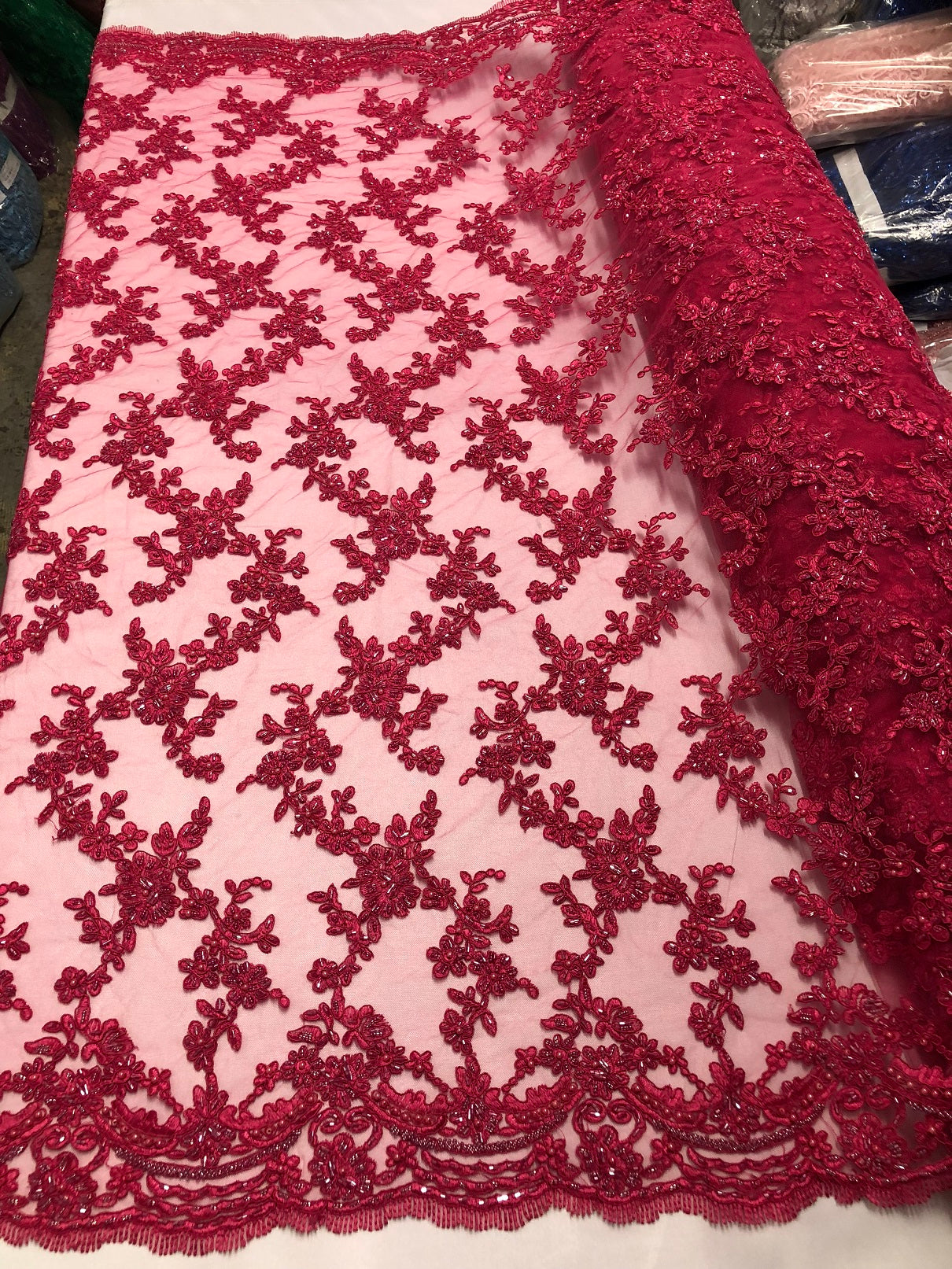 Beaded - Fuschia  - Embroided Small Flower Fabric with Decorated Borders - Sold by The Yard