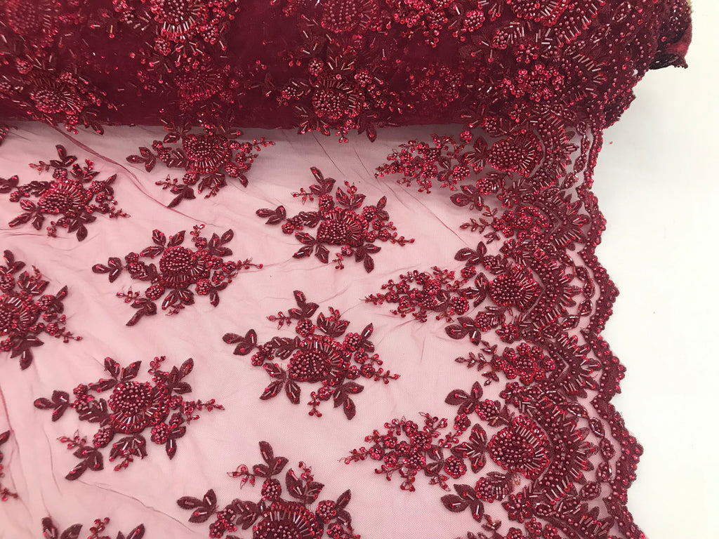 Burgundy Hand Beaded Embroidered Floral Fabric Lace Bridal Wedding Designs By The Yard