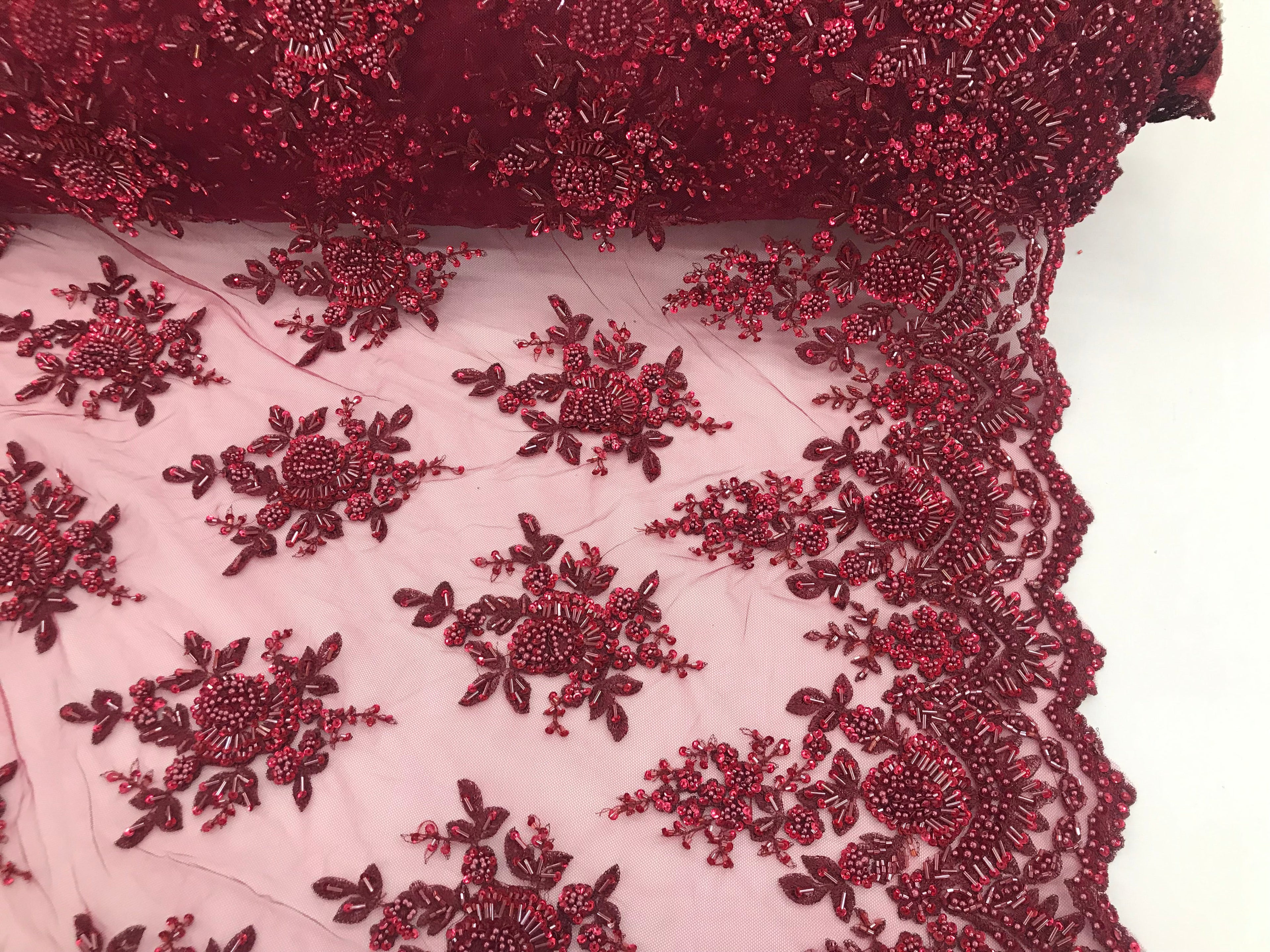 Burgundy Hand Beaded Embroidered Floral Fabric Lace Bridal Wedding Designs By The Yard