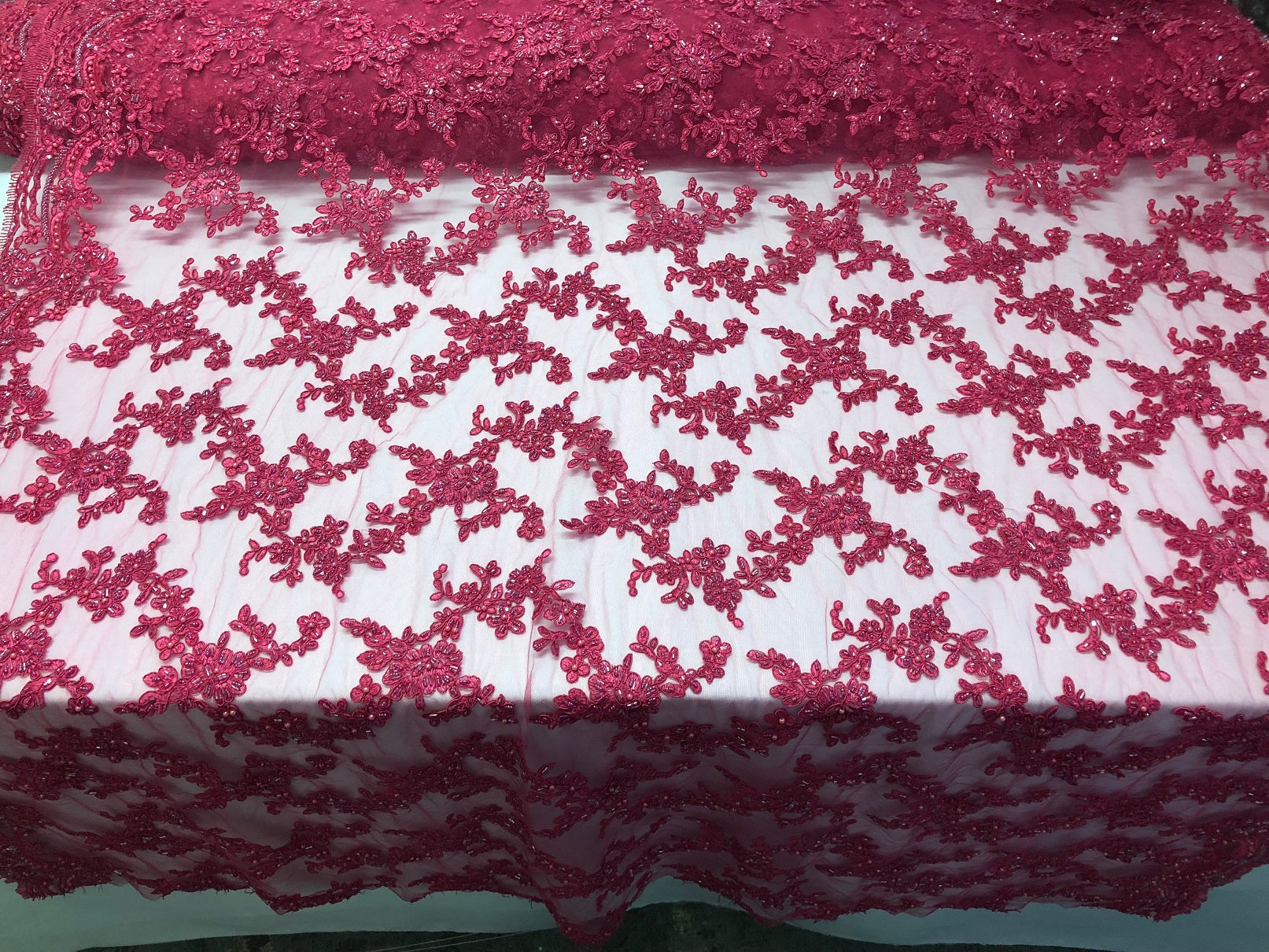 Beaded - Fuschia  - Embroided Small Flower Fabric with Decorated Borders - Sold by The Yard