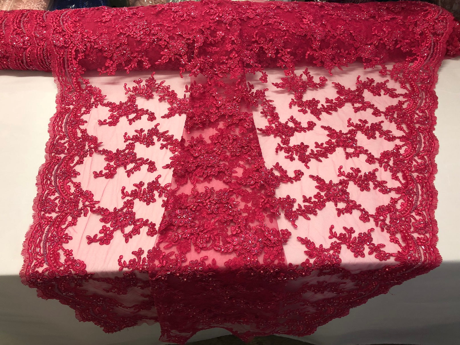 Beaded - Fuschia  - Embroided Small Flower Fabric with Decorated Borders - Sold by The Yard