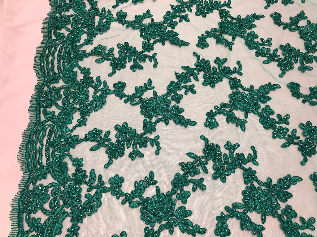 Beaded - Teal - Embroided Small Flower Fabric with Decorated Borders - Sold by The Yard