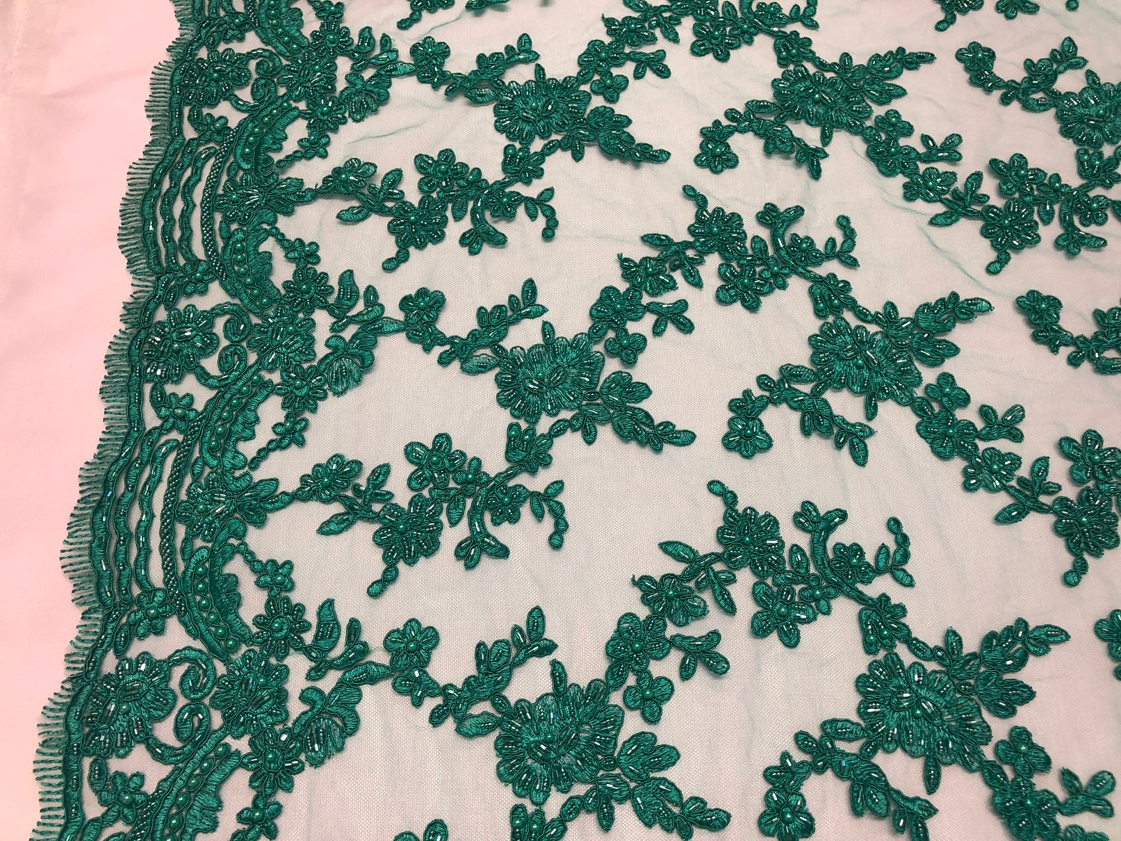 Beaded - Teal - Embroided Small Flower Fabric with Decorated Borders - Sold by The Yard