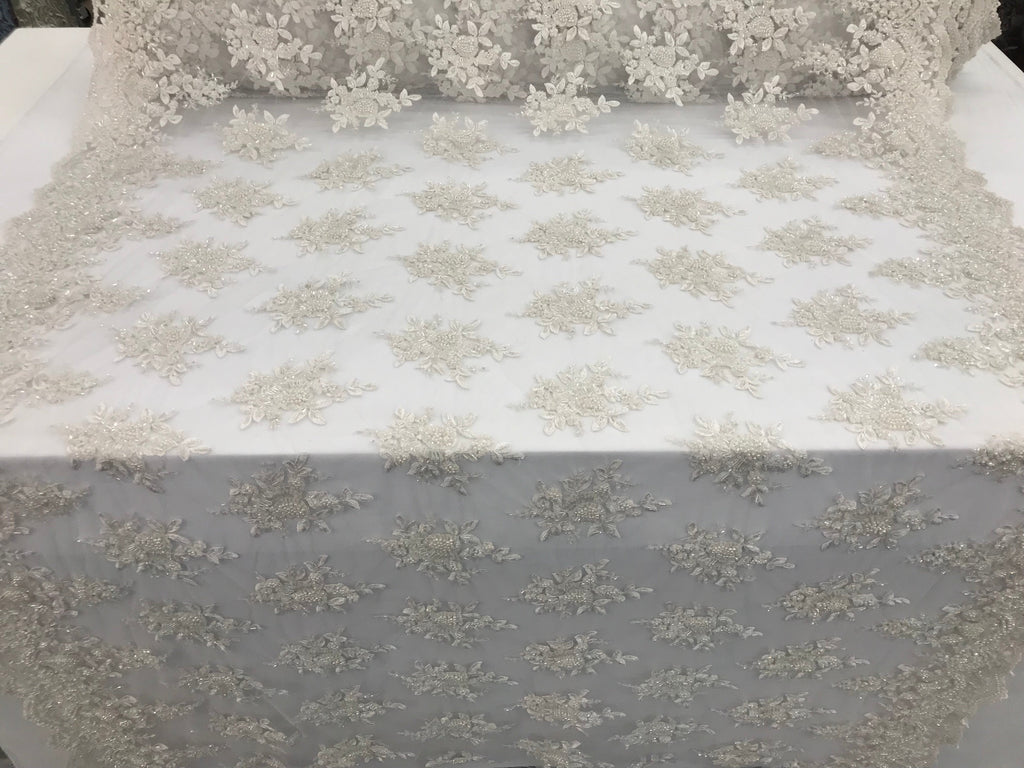 Off-White Hand Beaded Embroidered Floral Fabric Lace Bridal Wedding Designs By The Yard