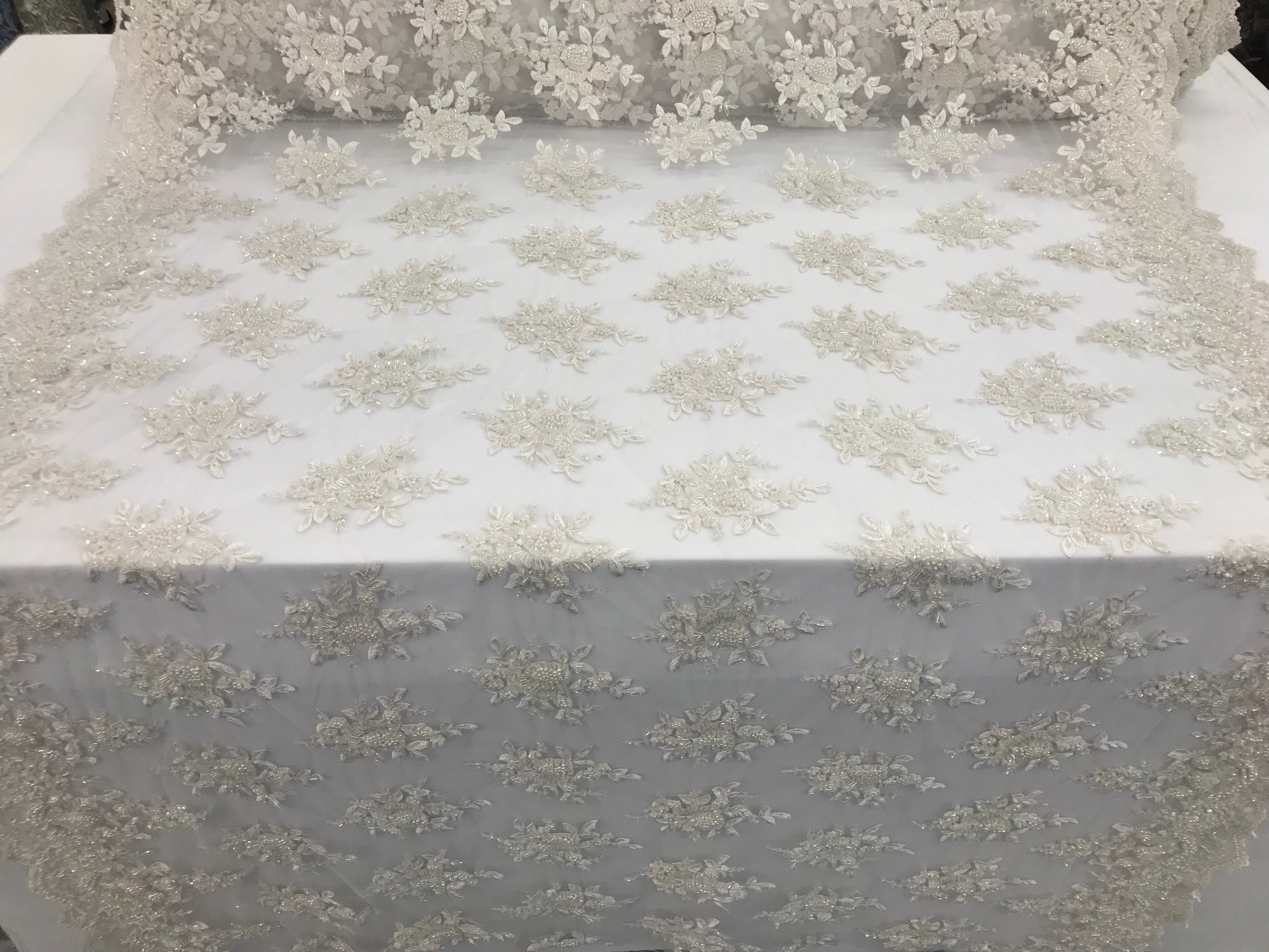 Off-White Hand Beaded Embroidered Floral Fabric Lace Bridal Wedding Designs By The Yard