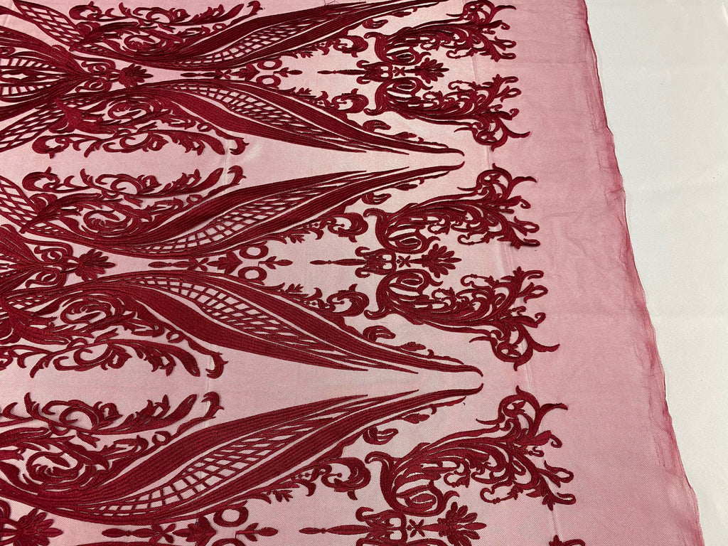 Lace Fabric - Burgundy - Fancy Damask Pattern Sequins Design Fashion Fabric