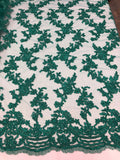 Beaded - Teal - Embroided Small Flower Fabric with Decorated Borders - Sold by The Yard