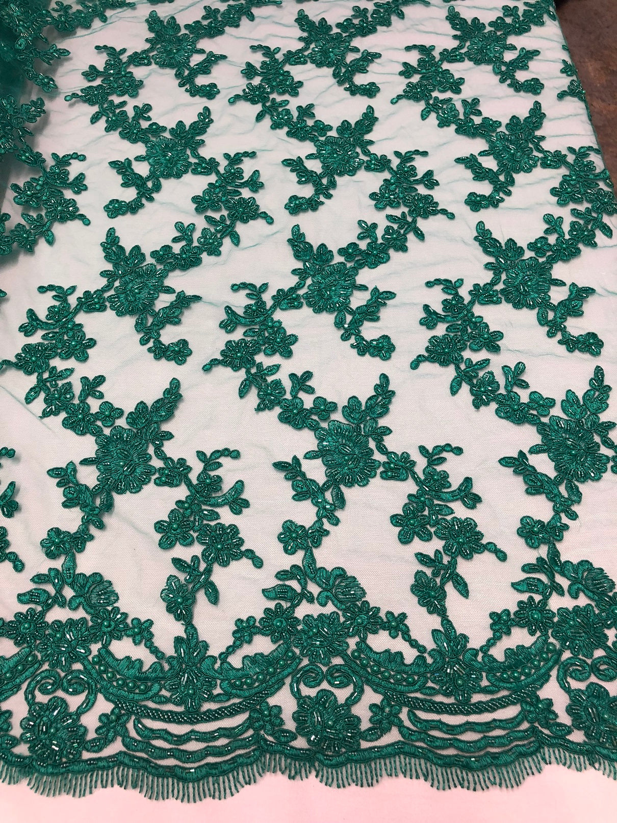 Beaded - Teal - Embroided Small Flower Fabric with Decorated Borders - Sold by The Yard