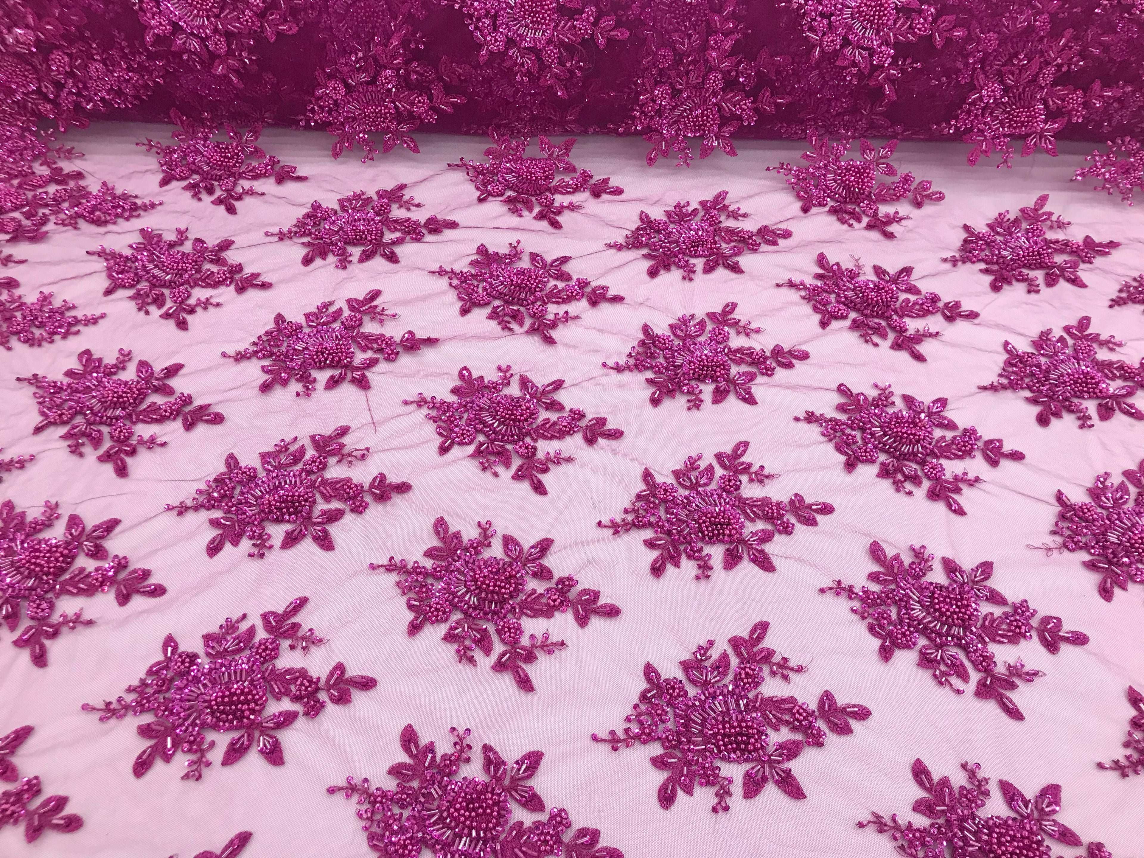 Magenta Hand Beaded Embroidered Floral Fabric Lace Bridal Wedding Designs By The Yard