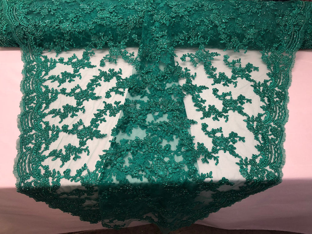 Beaded - Teal - Embroided Small Flower Fabric with Decorated Borders - Sold by The Yard