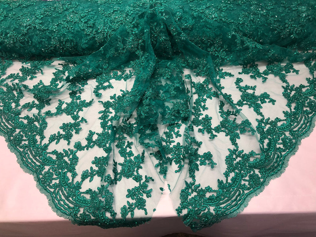 Beaded - Teal - Embroided Small Flower Fabric with Decorated Borders - Sold by The Yard