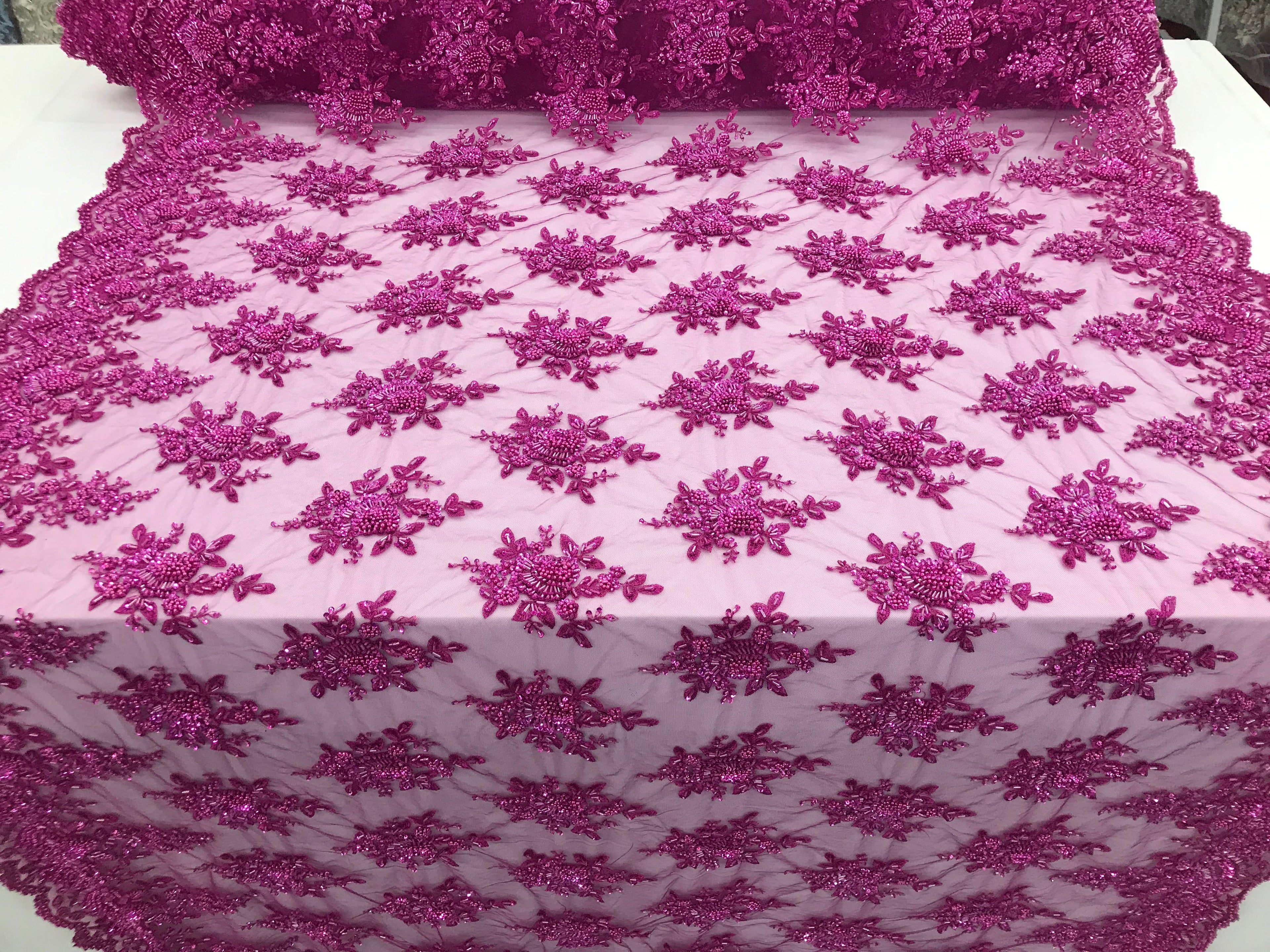 Magenta Hand Beaded Embroidered Floral Fabric Lace Bridal Wedding Designs By The Yard