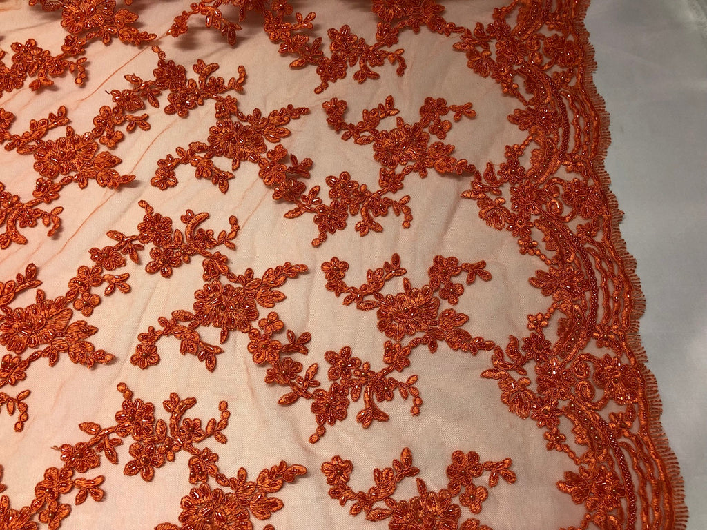 Beaded - Orange - Embroided Small Flower Fabric with Decorated Borders - Sold by The Yard