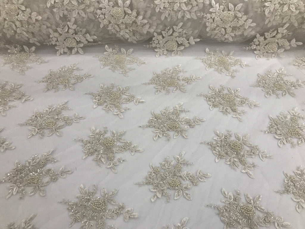 Ivory Hand Beaded Embroidered Floral Fabric Lace Bridal Wedding Designs By The Yard