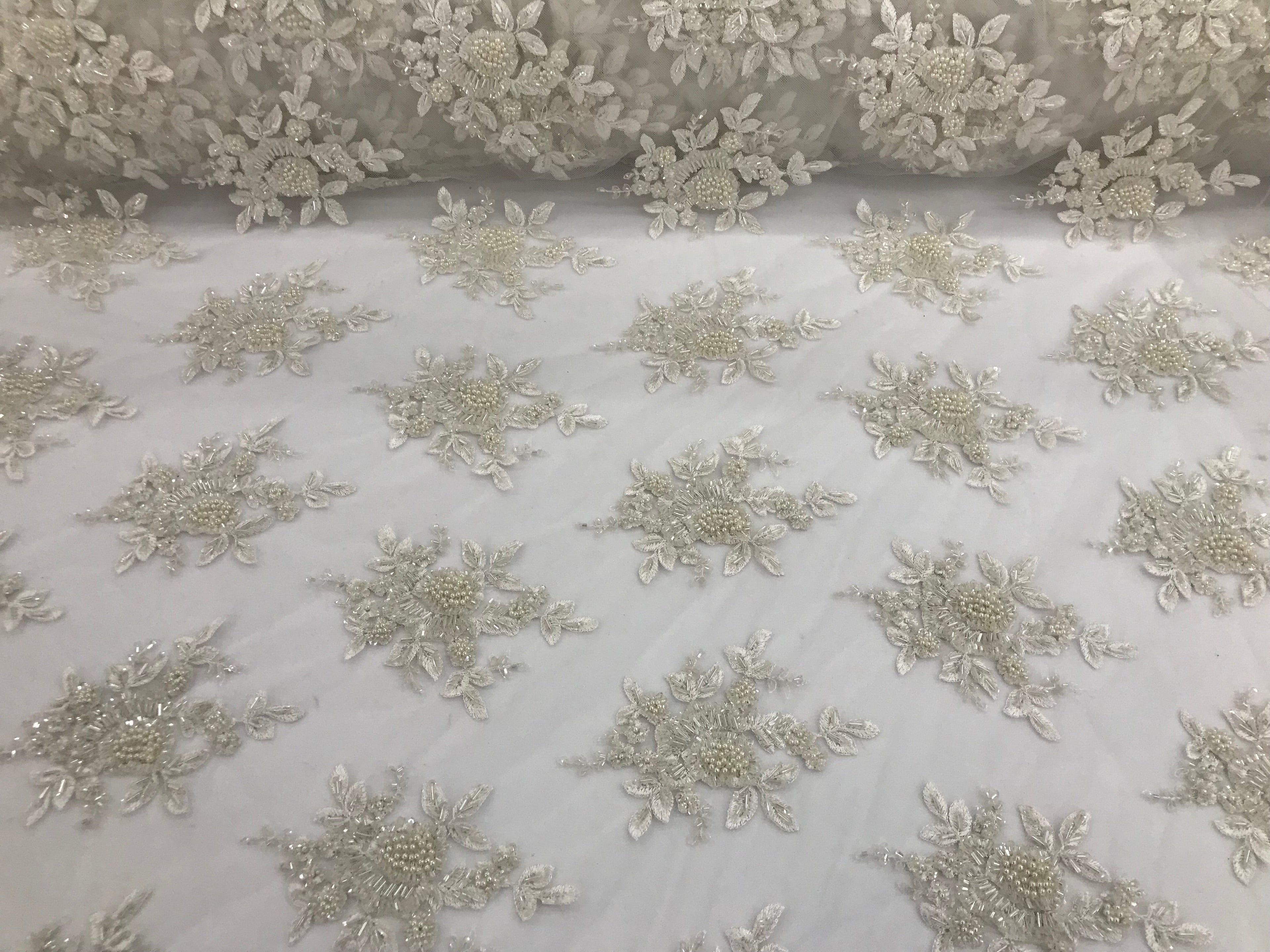 Ivory Hand Beaded Embroidered Floral Fabric Lace Bridal Wedding Designs By The Yard