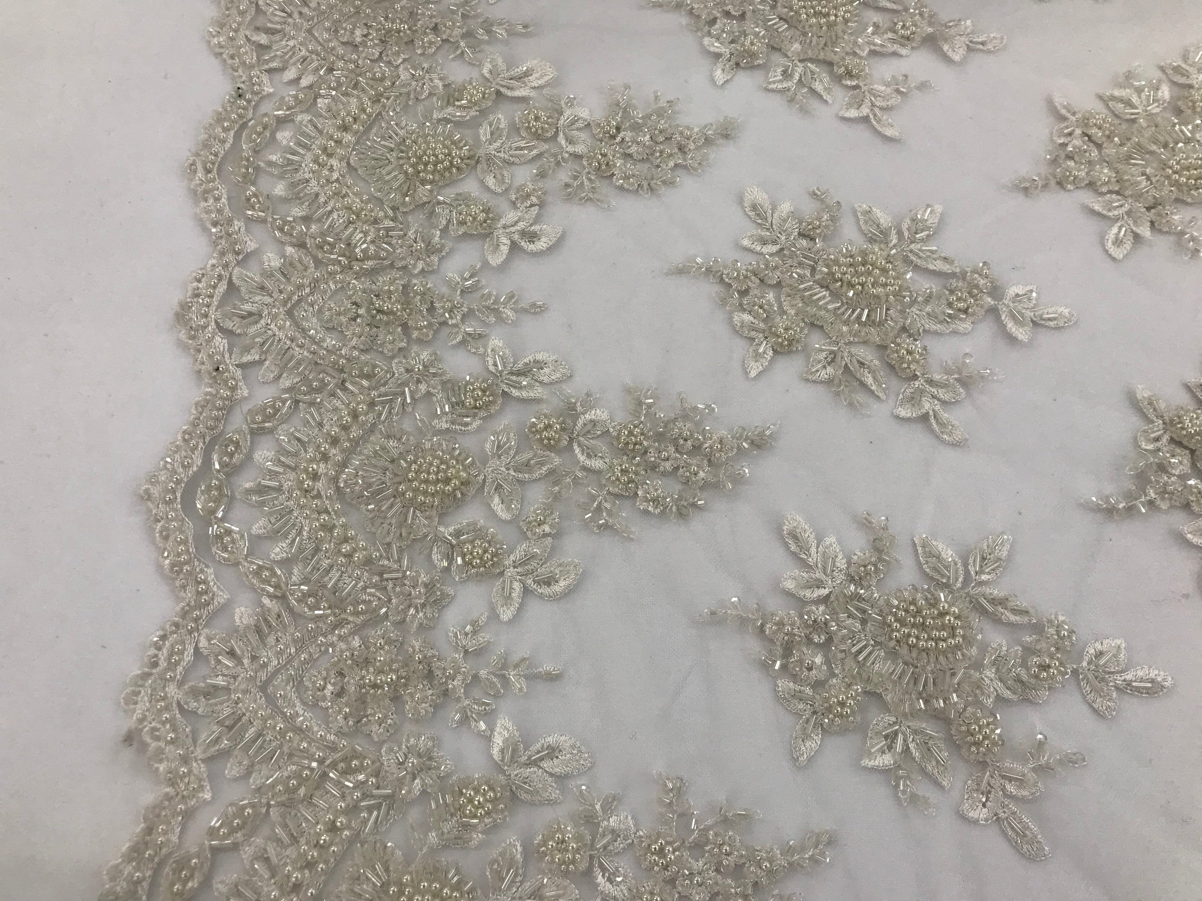 Ivory Hand Beaded Embroidered Floral Fabric Lace Bridal Wedding Designs By The Yard
