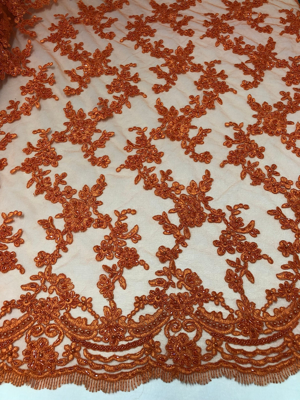 Beaded - Orange - Embroided Small Flower Fabric with Decorated Borders - Sold by The Yard