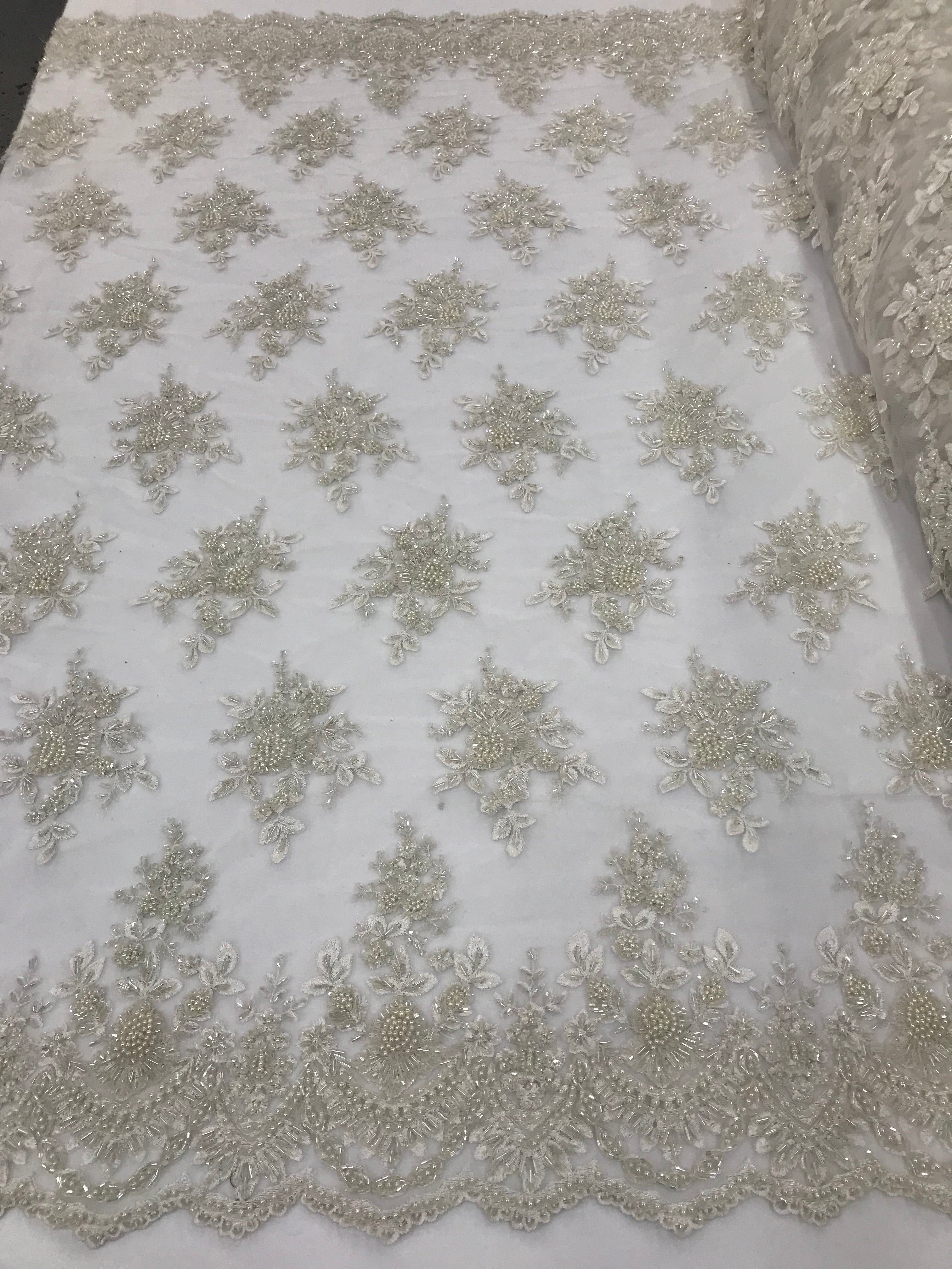 Ivory Hand Beaded Embroidered Floral Fabric Lace Bridal Wedding Designs By The Yard