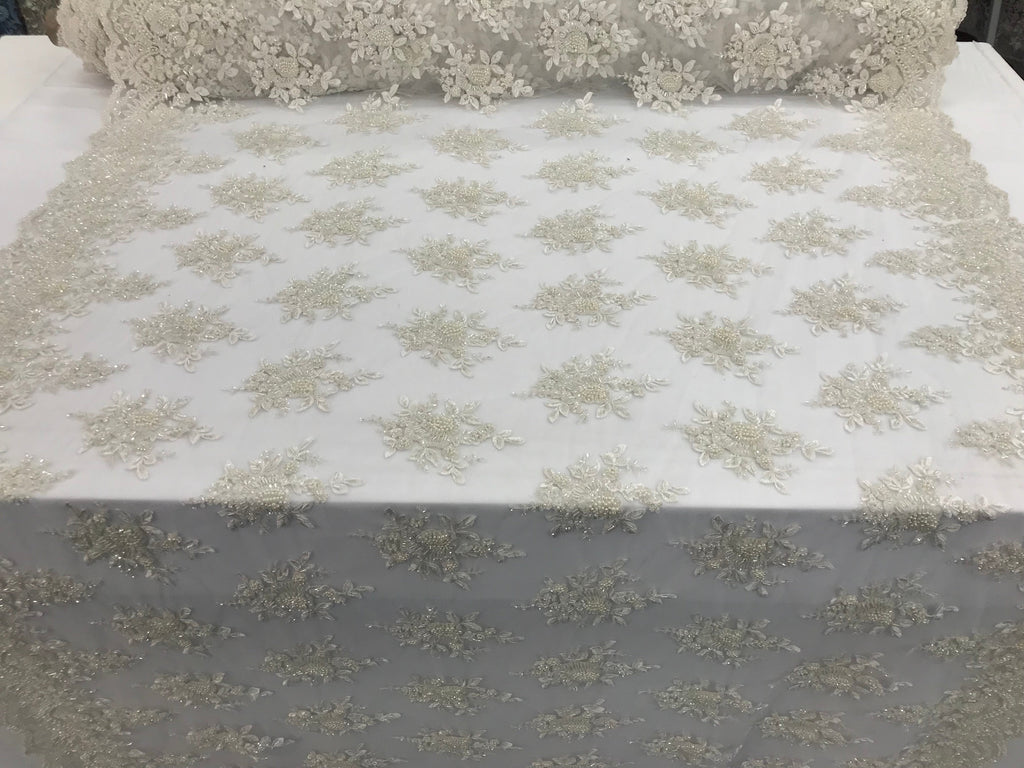 Ivory Hand Beaded Embroidered Floral Fabric Lace Bridal Wedding Designs By The Yard