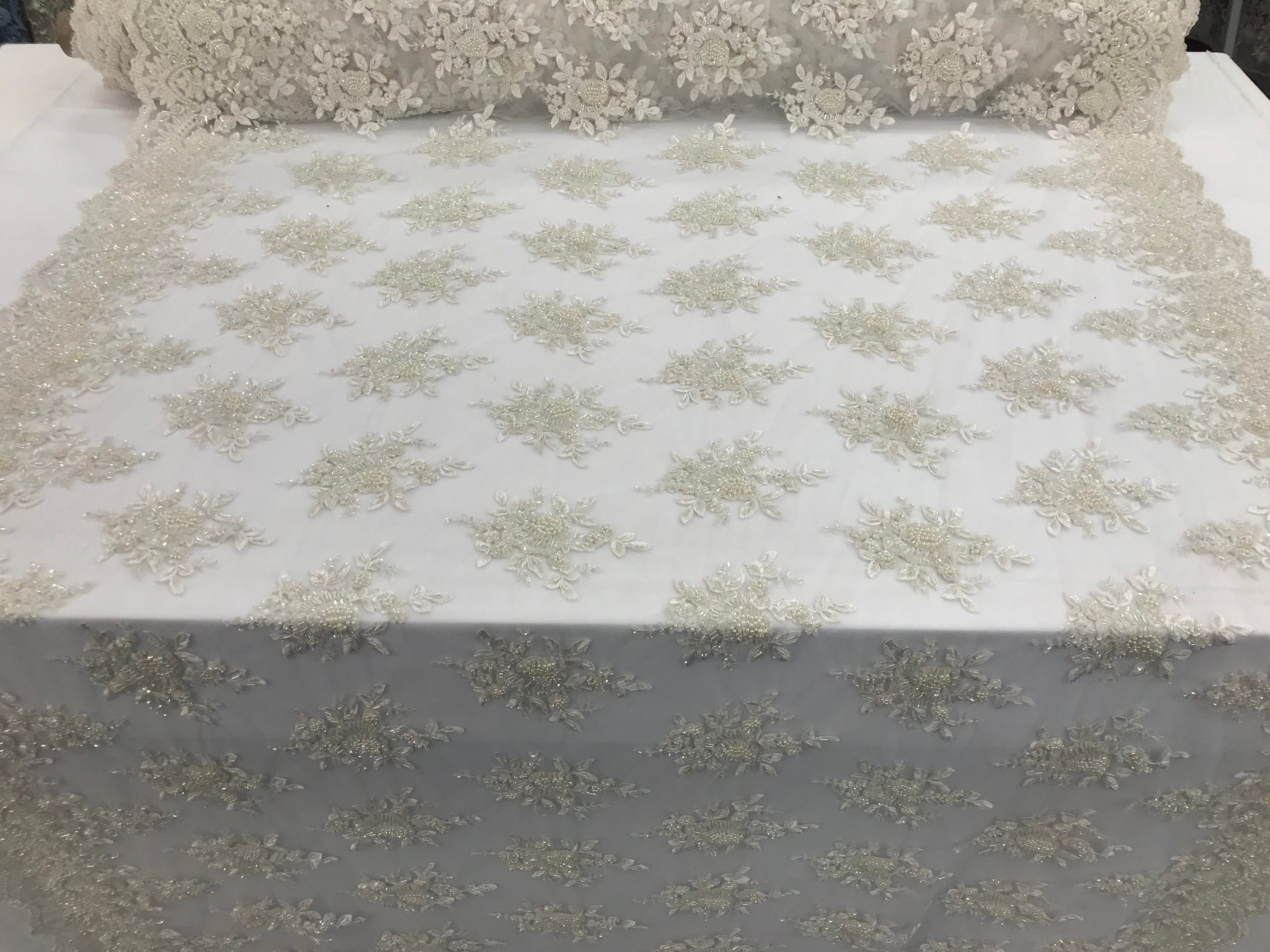 Ivory Hand Beaded Embroidered Floral Fabric Lace Bridal Wedding Designs By The Yard