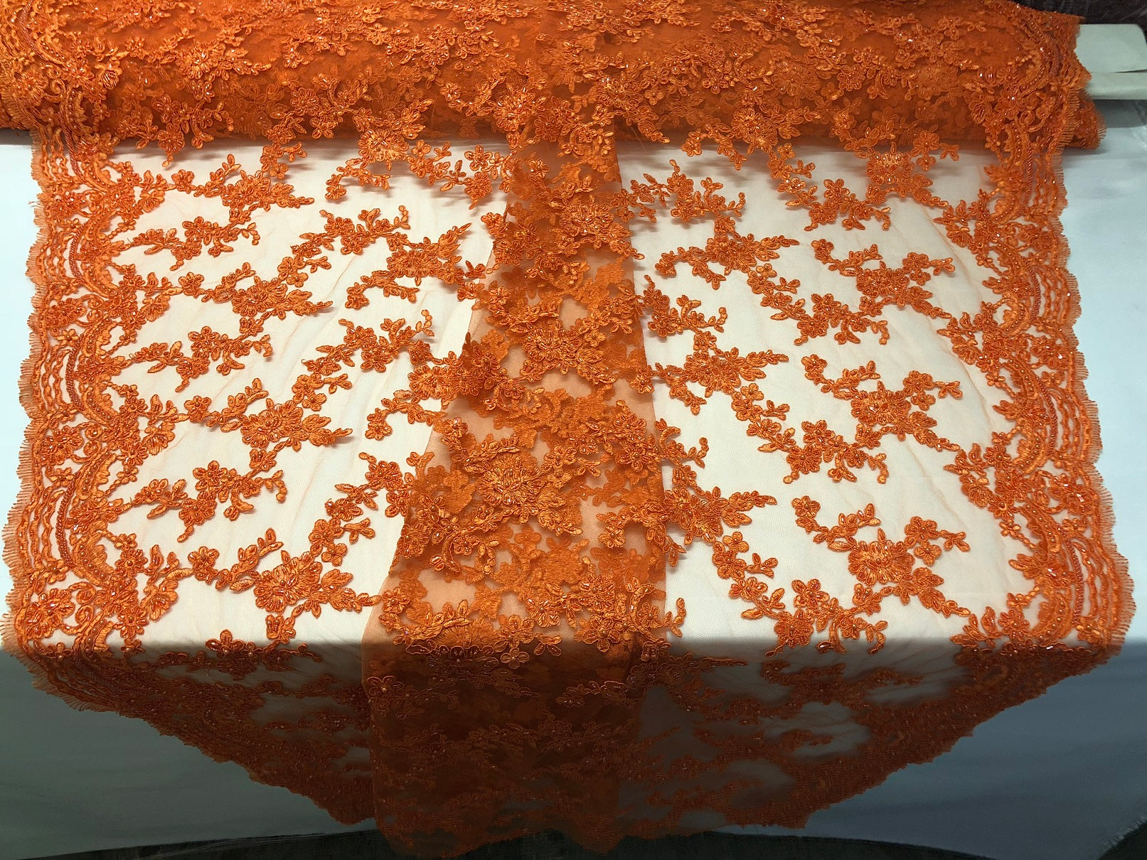 Beaded - Orange - Embroided Small Flower Fabric with Decorated Borders - Sold by The Yard