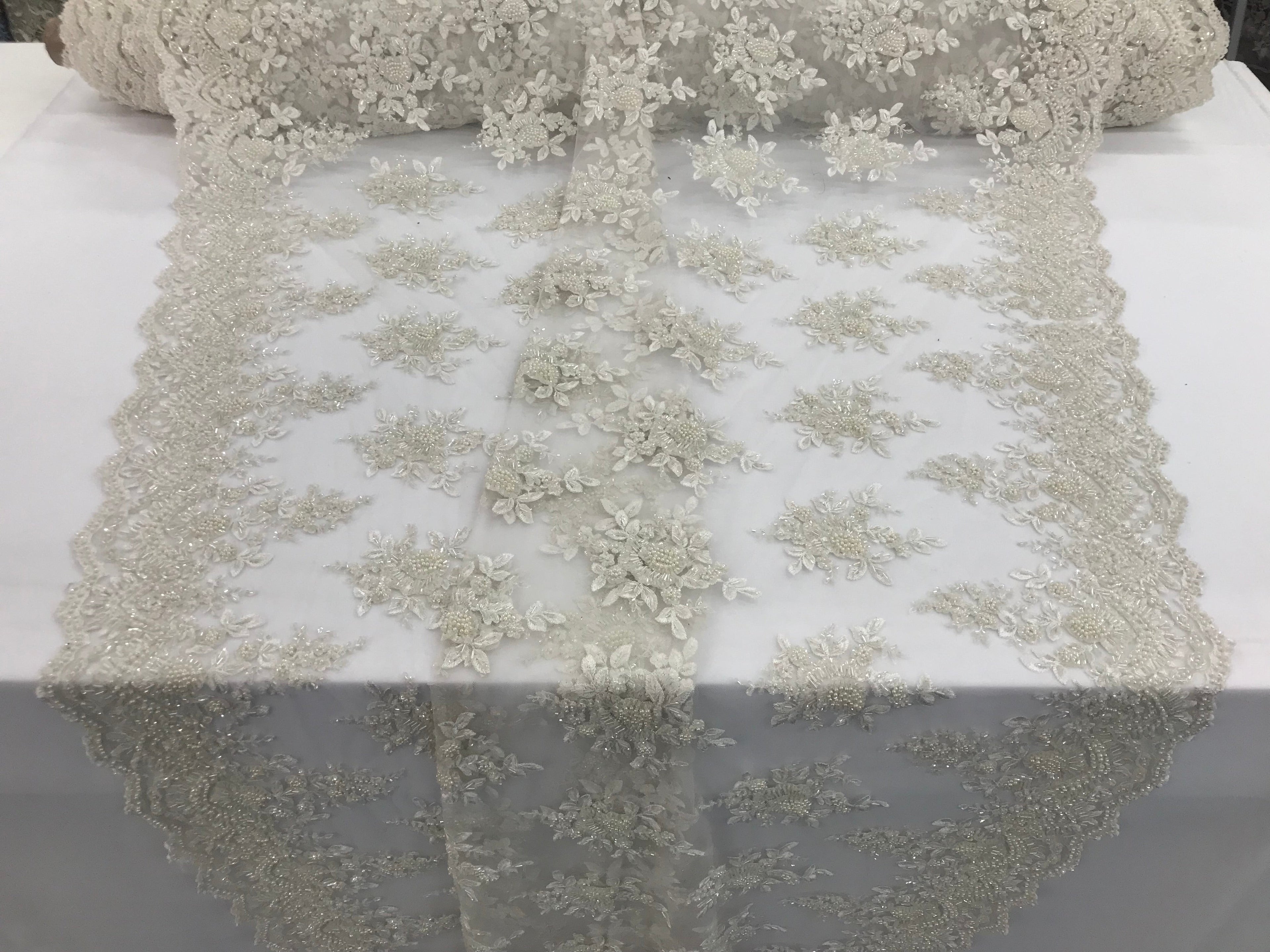 Ivory Hand Beaded Embroidered Floral Fabric Lace Bridal Wedding Designs By The Yard