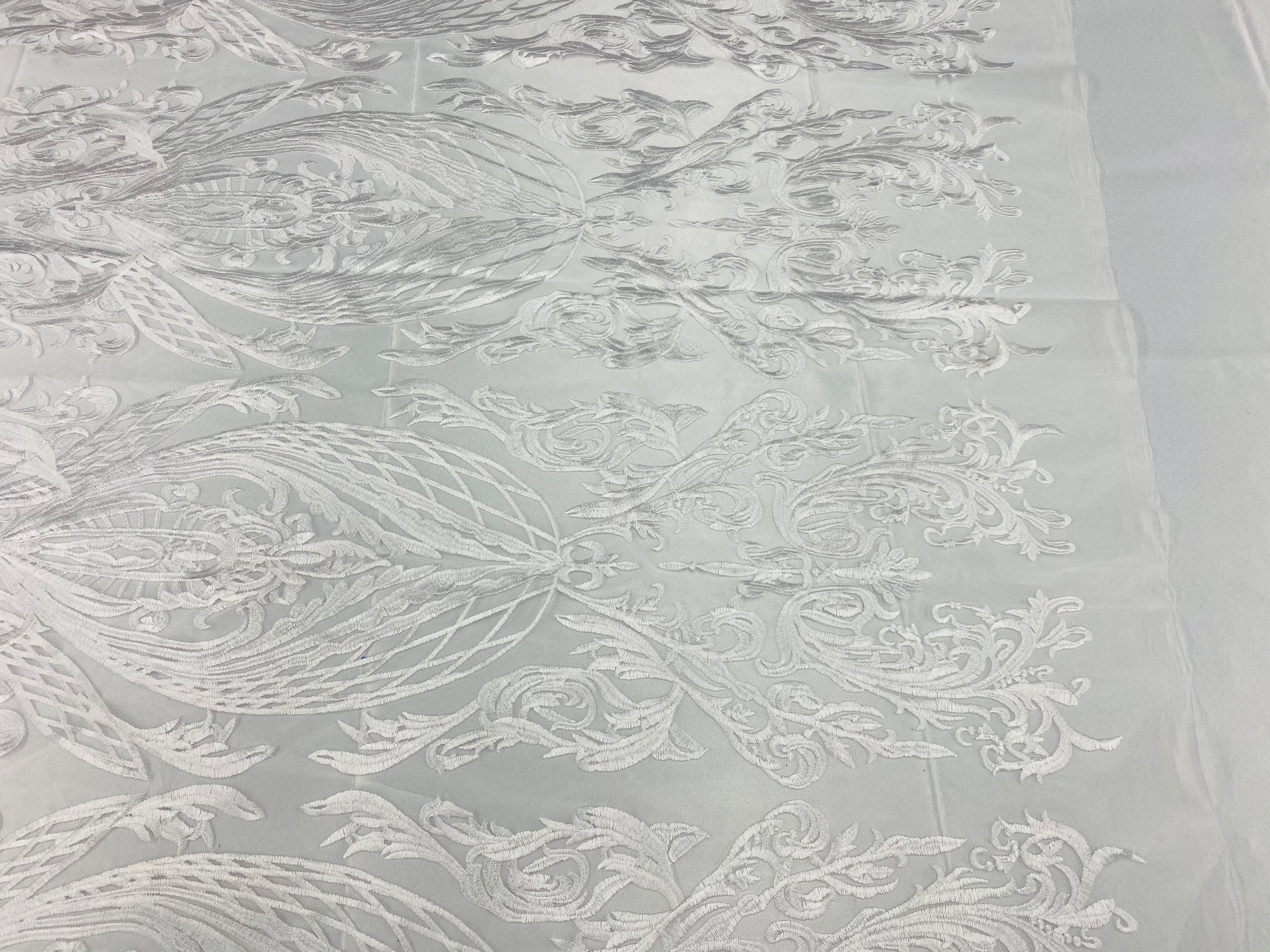 Lace Fabric - White - Fancy Damask Pattern Sequins Design Fashion Fabric