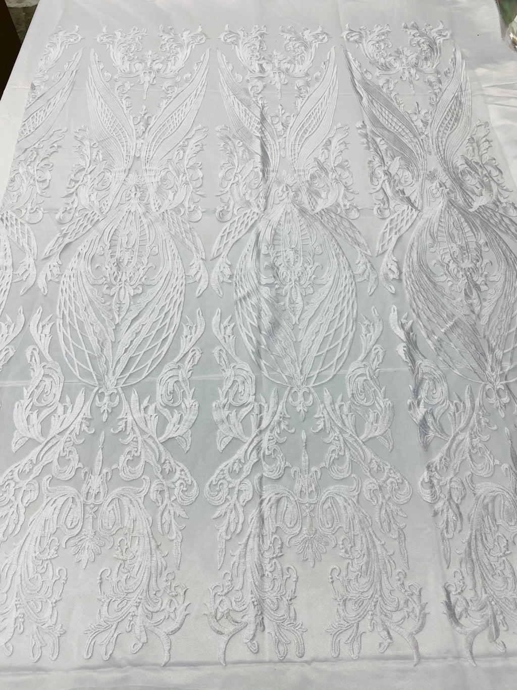 Lace Fabric - White - Fancy Damask Pattern Sequins Design Fashion Fabric