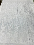 Lace Fabric - White - Fancy Damask Pattern Sequins Design Fashion Fabric