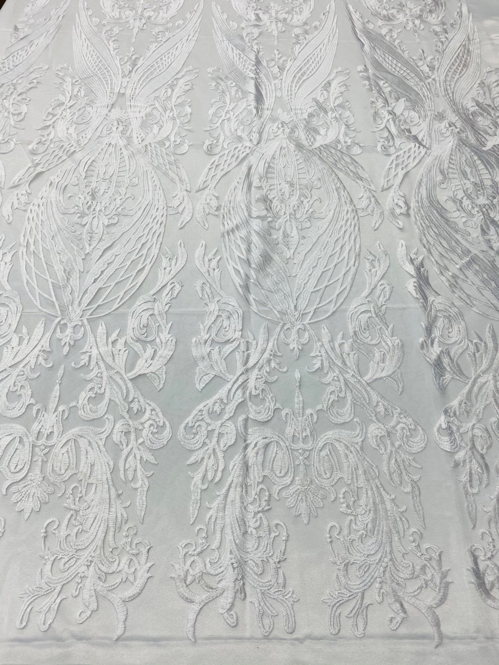 Lace Fabric - White - Fancy Damask Pattern Sequins Design Fashion Fabric