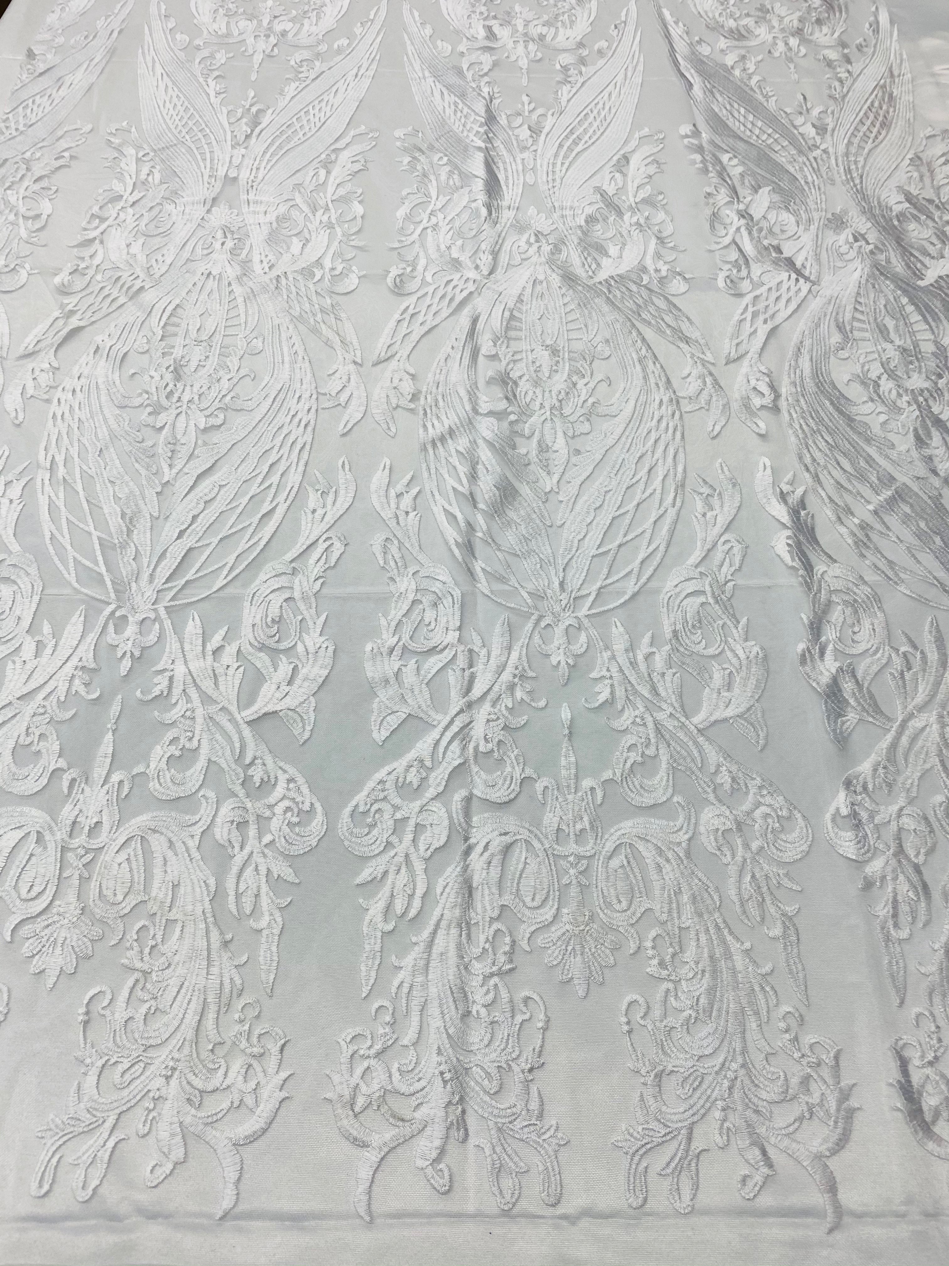 Lace Fabric - White - Fancy Damask Pattern Sequins Design Fashion Fabric